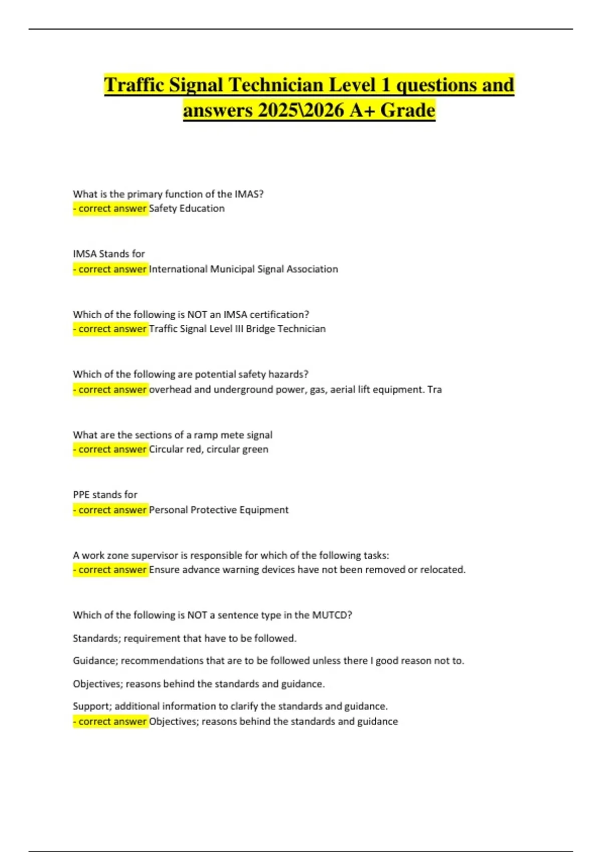 Traffic Signal Technician Level 1 | Verified Questions & Correct ...