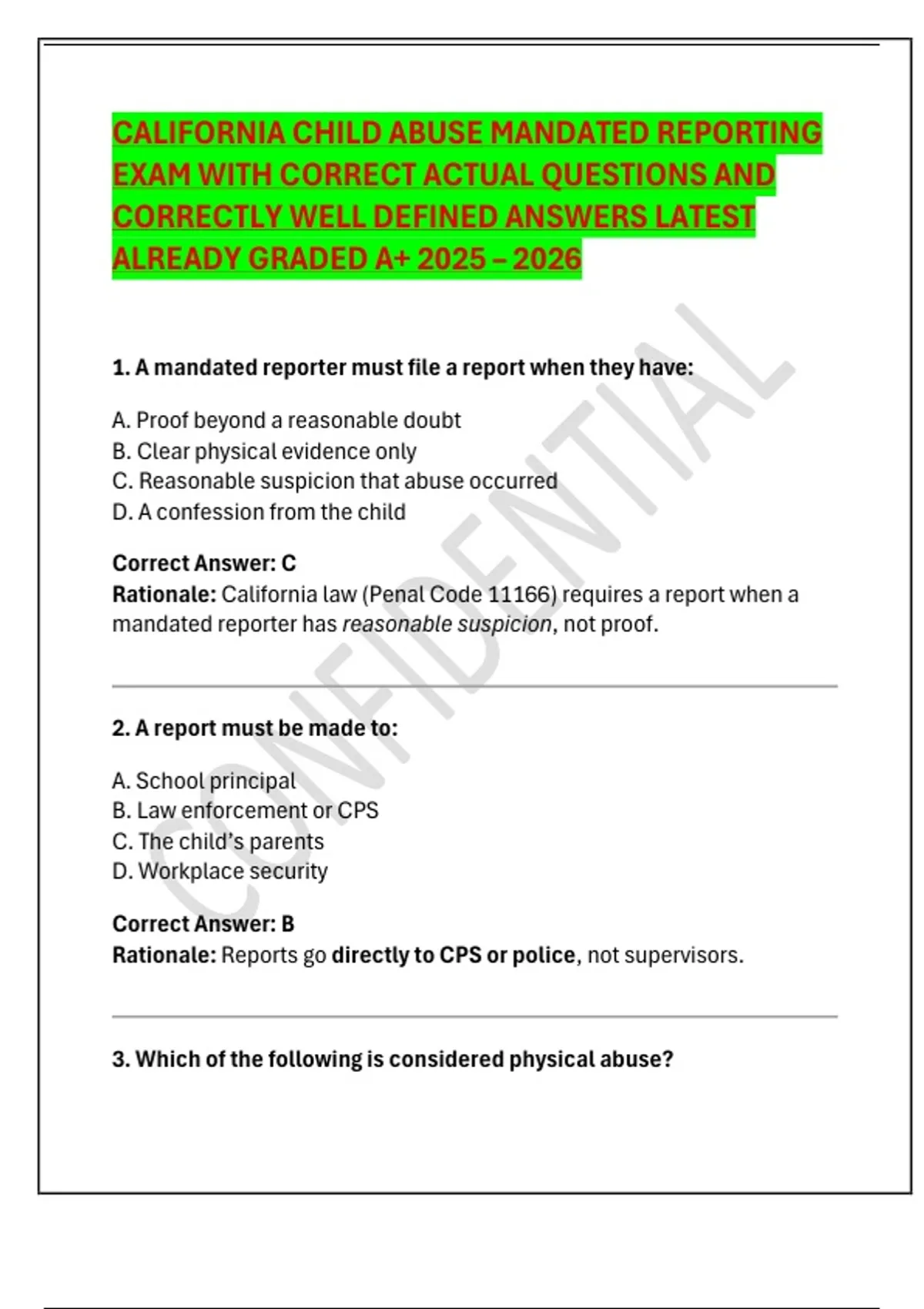 CALIFORNIA CHILD ABUSE MANDATED REPORTING EXAM WITH CORRECT ACTUAL ...
