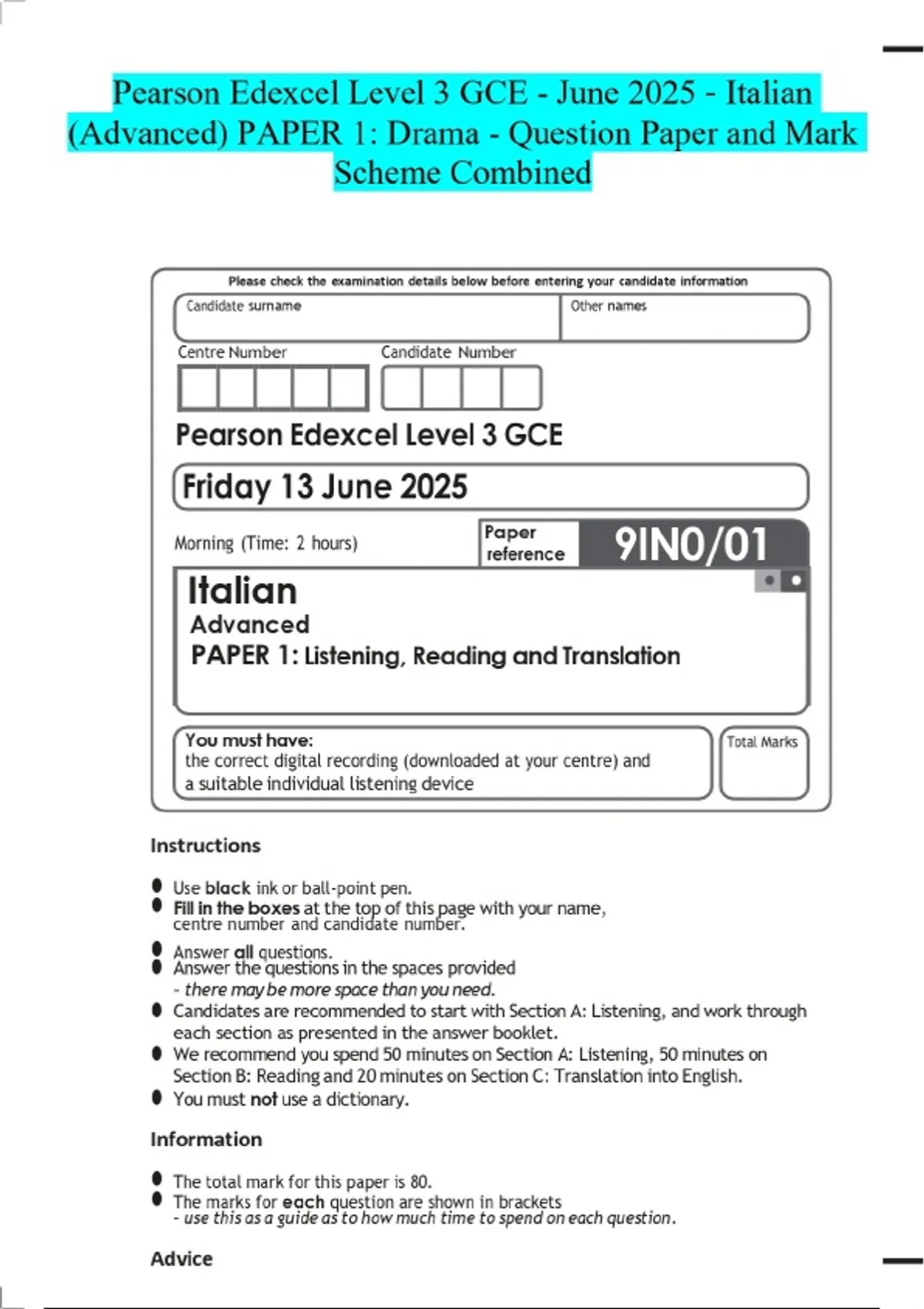 Pearson Edexcel Level 3 GCE - June 2025 - Italian (Advanced) PAPER 1 ...
