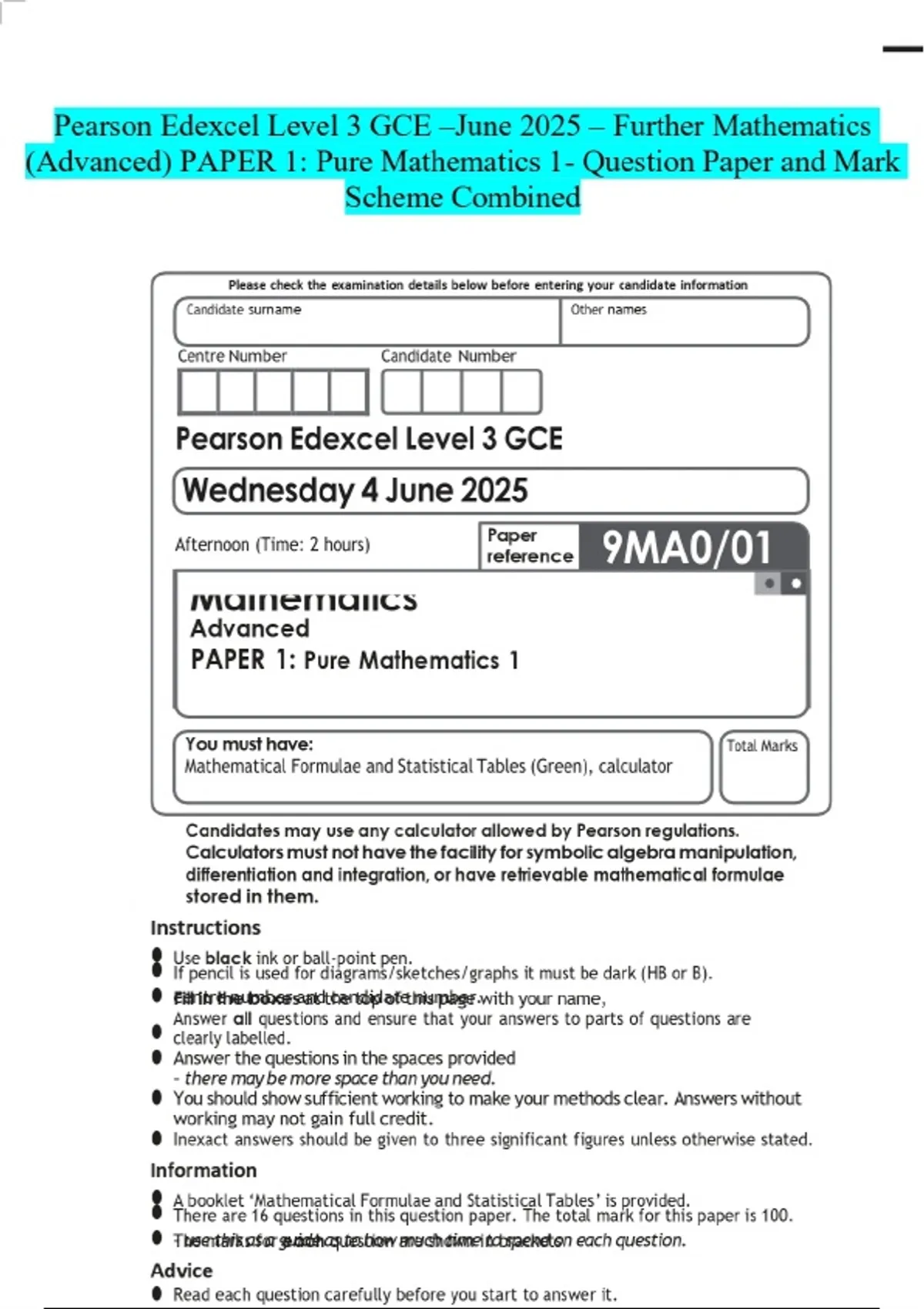 Pearson Edexcel Level 3 GCE -June 2025 - Further Mathematics (Advanced ...