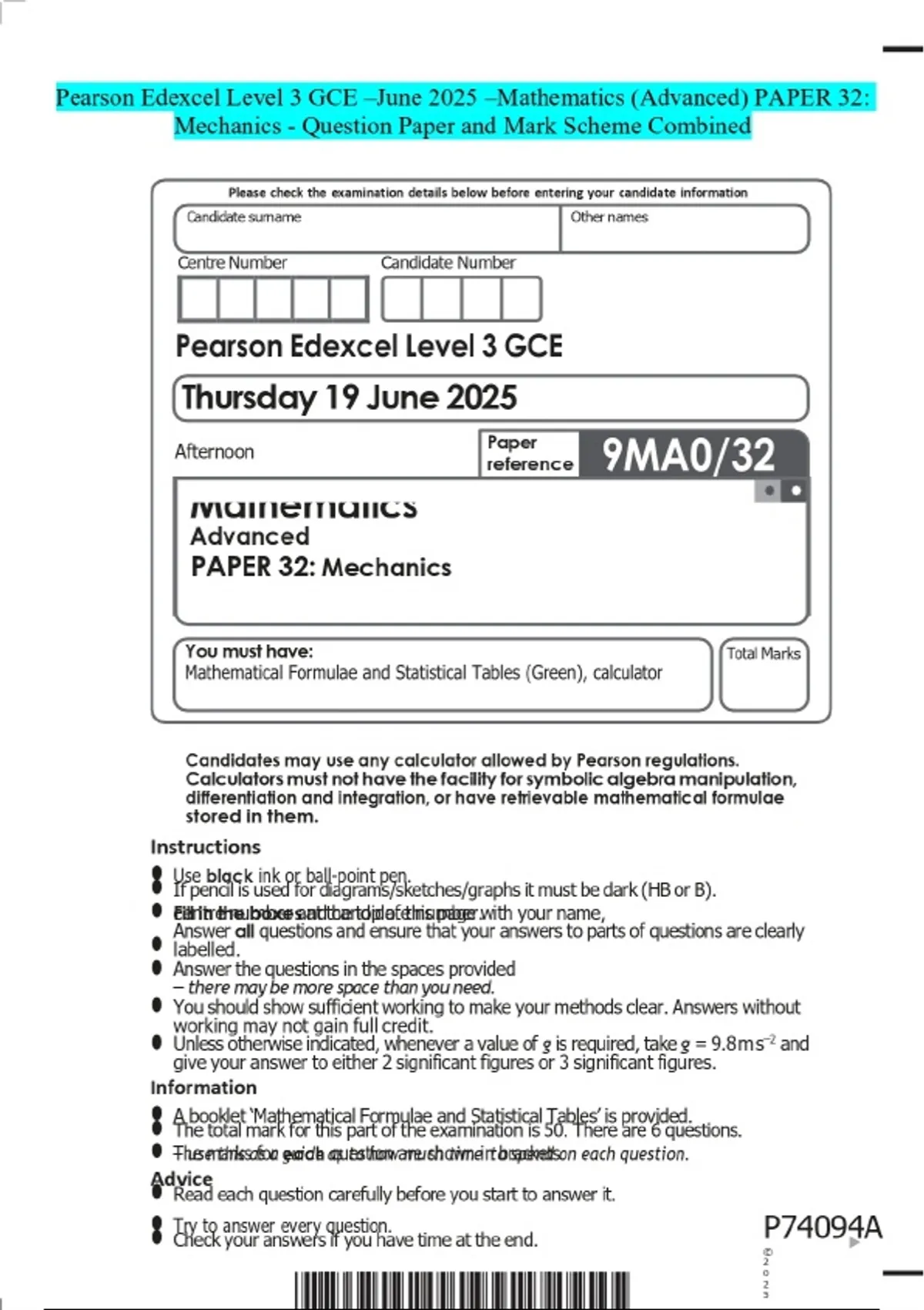 Pearson Edexcel Level 3 GCE -June 2025 -Mathematics (Advanced) PAPER 32 ...