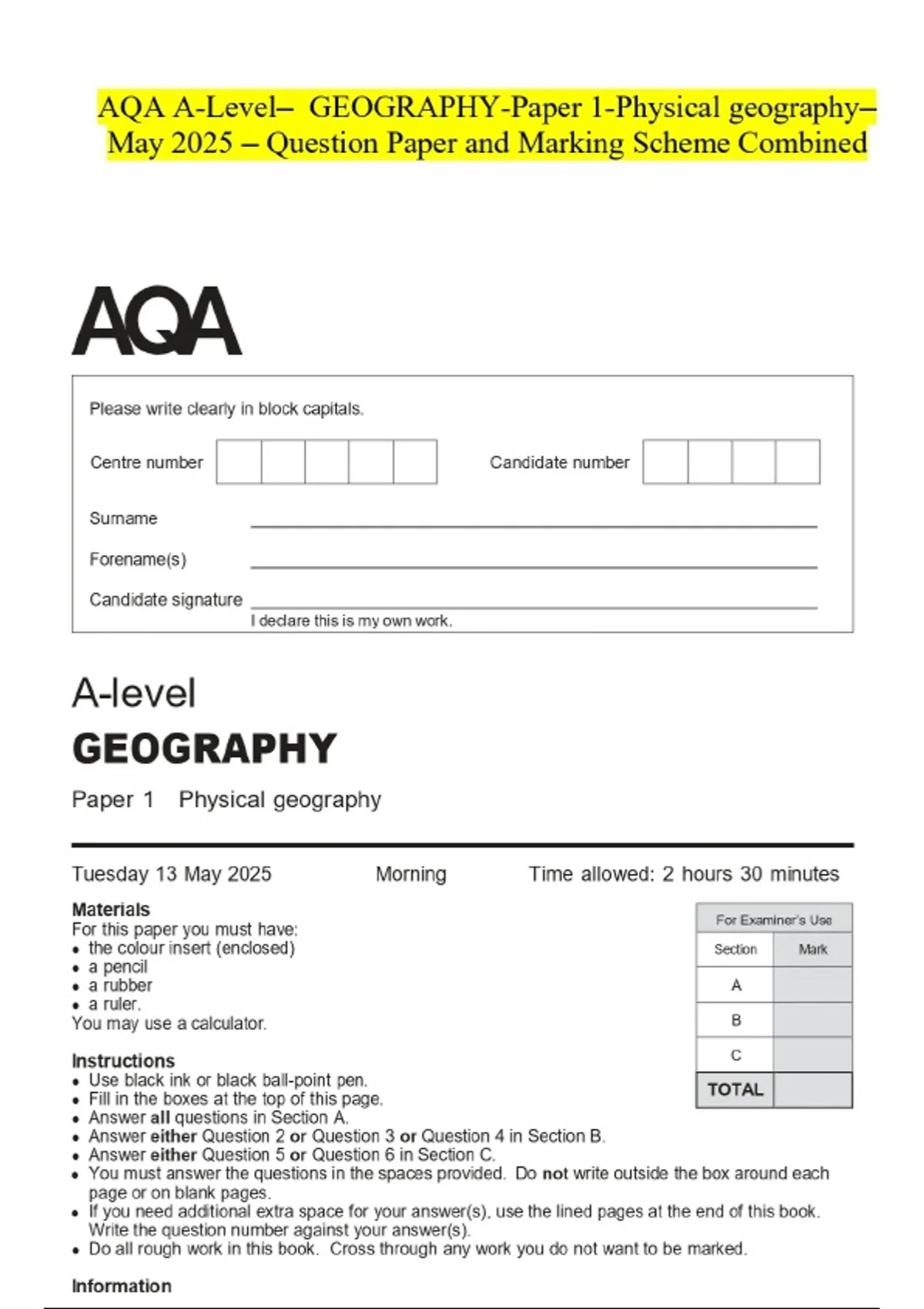 Geography Alevel Math AQA A-Level- GEOGRAPHY-Paper 1-Physical geographyMay 2025 - Question ...