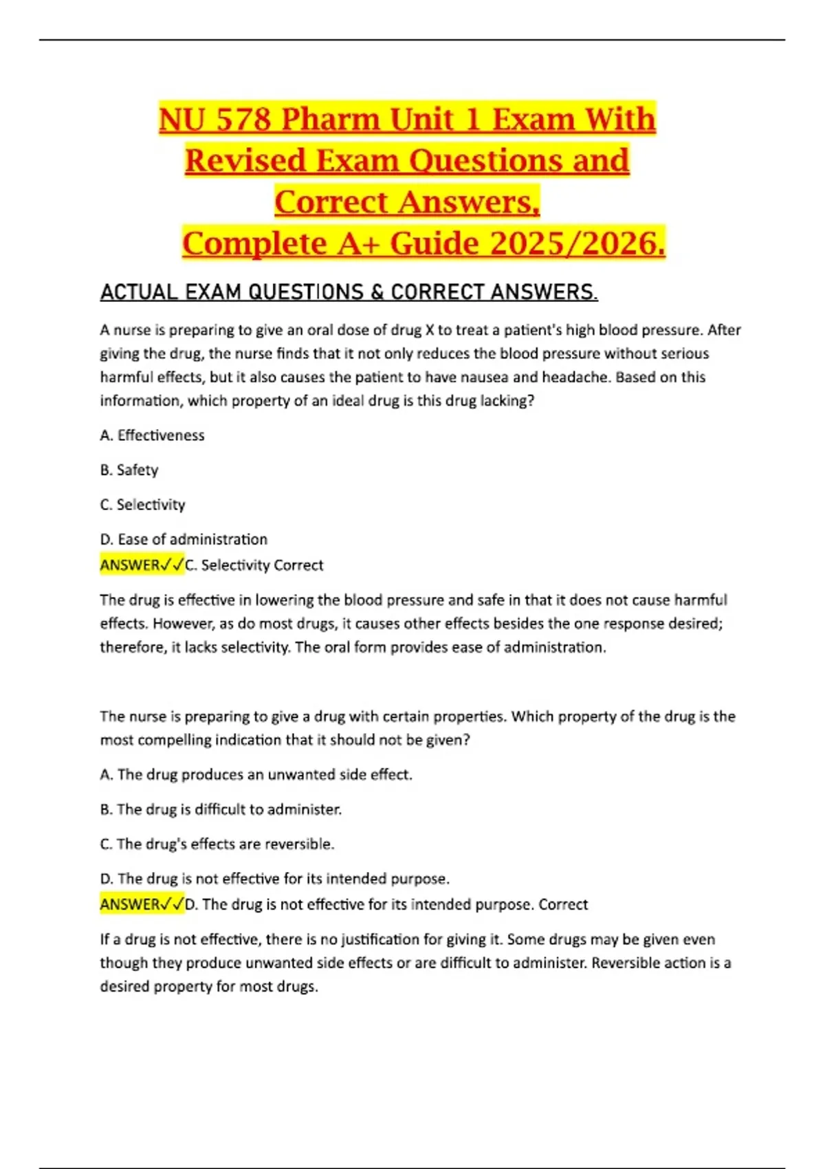 NU 578 Pharmacology – Unit 1 Exam (Revised Exam Questions with Correct ...