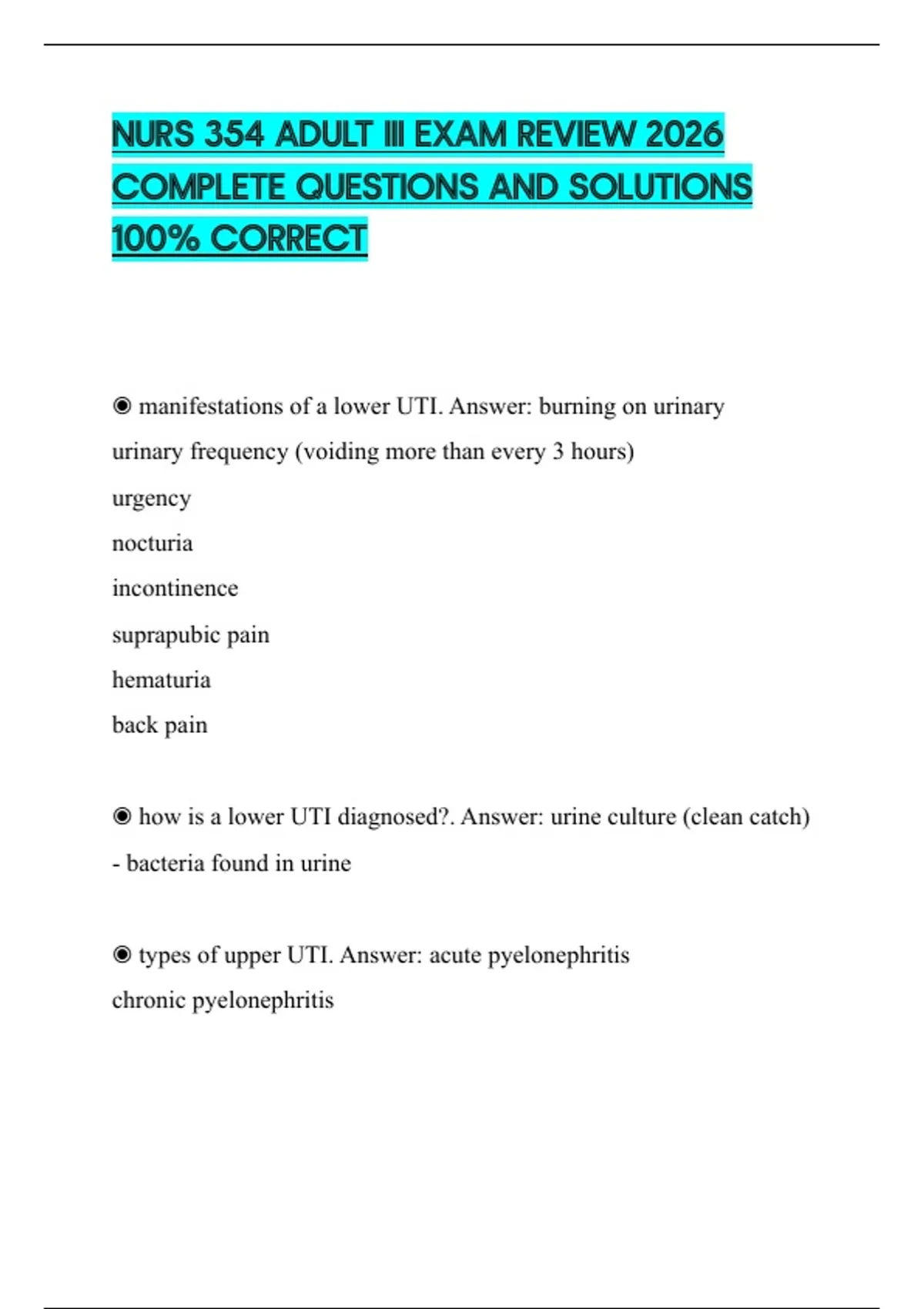 NURS 354 ADULT III EXAM REVIEW 2026 COMPLETE QUESTIONS AND SOLUTIONS ...