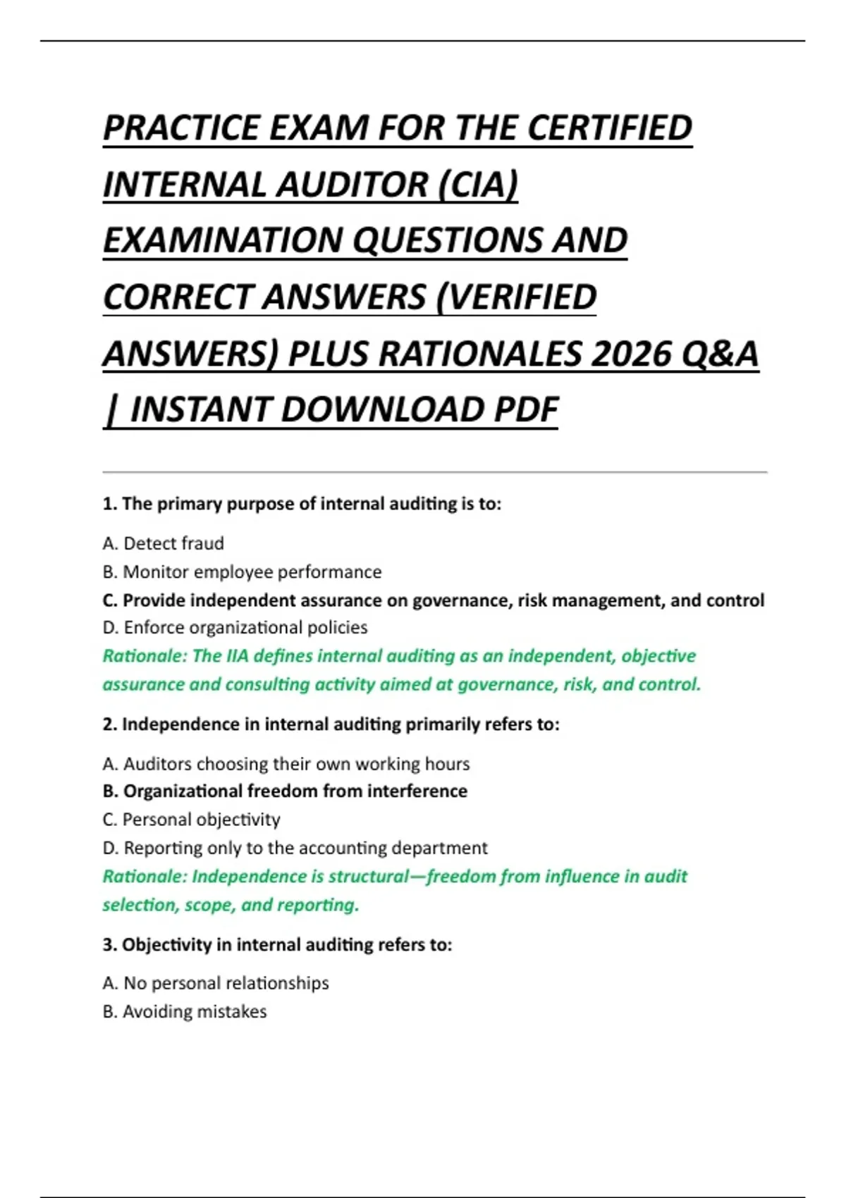 PRACTICE EXAM FOR THE CERTIFIED INTERNAL AUDITOR (CIA) EXAMINATION ...