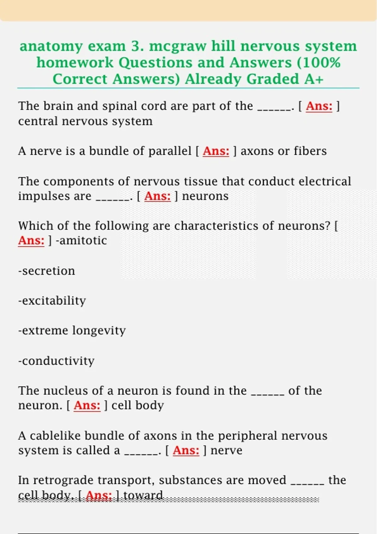 anatomy exam 3. mcgraw hill nervous system homework Questions and ...