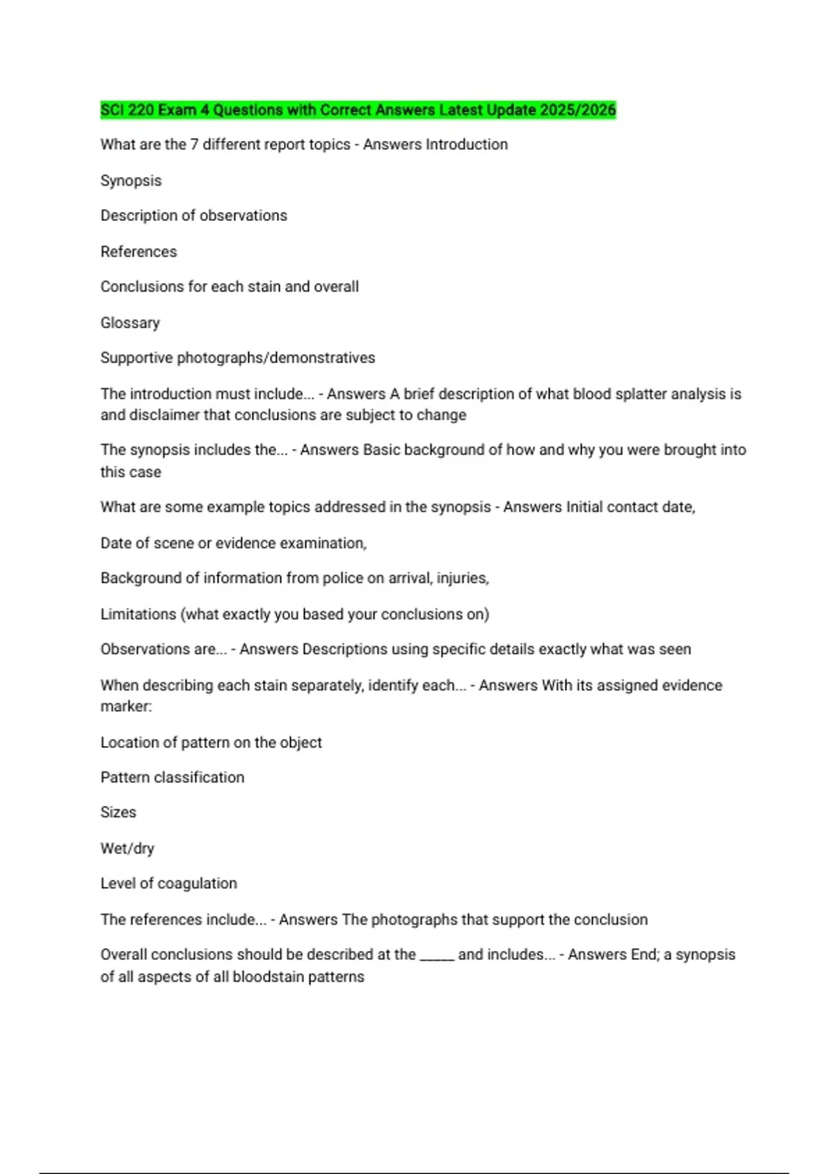 SCI 220 Exam 4 Questions with Correct Answers Latest Update 2025/2026 ...