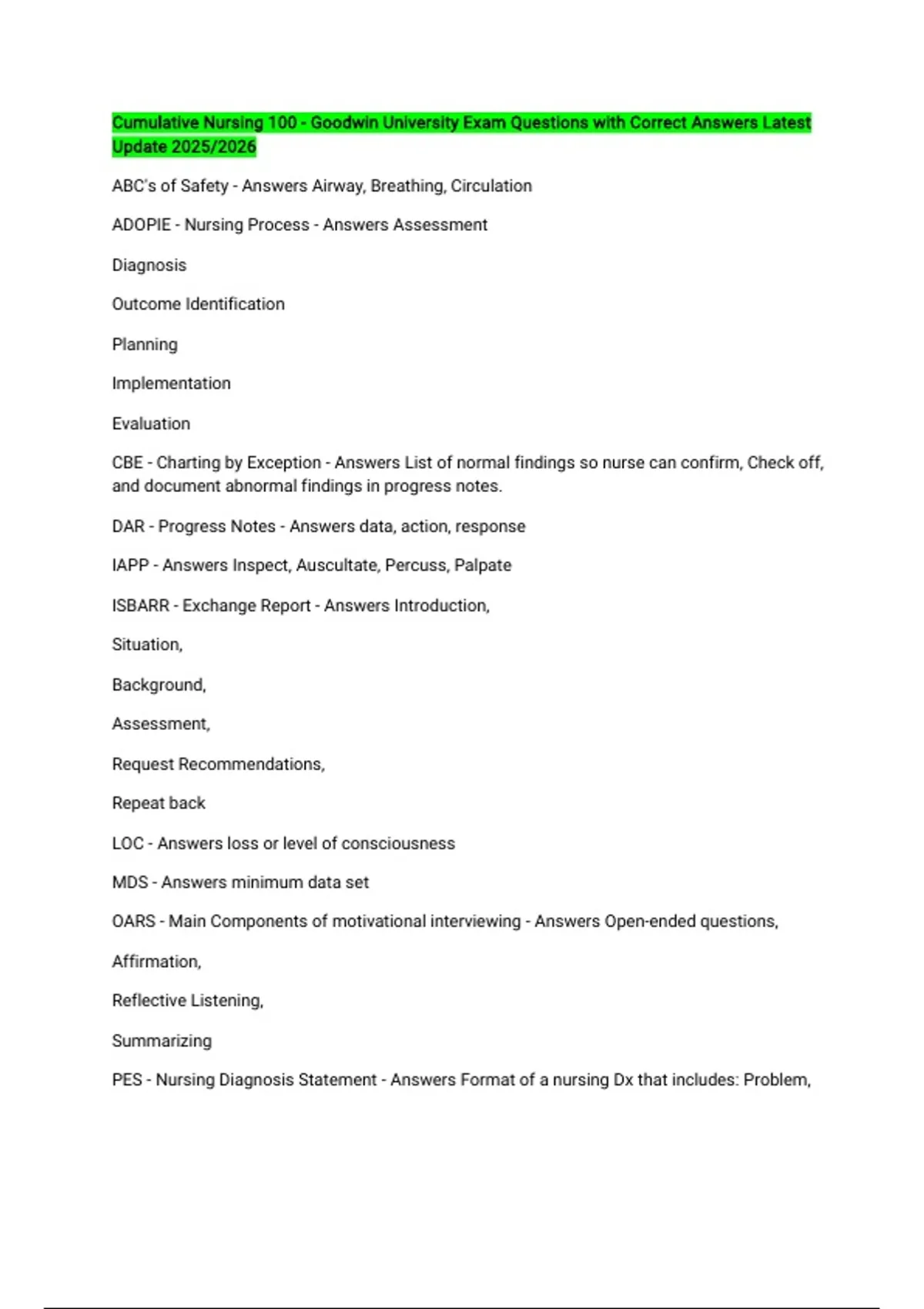 Cumulative Nursing 100 - Goodwin University Exam Questions with Correct ...