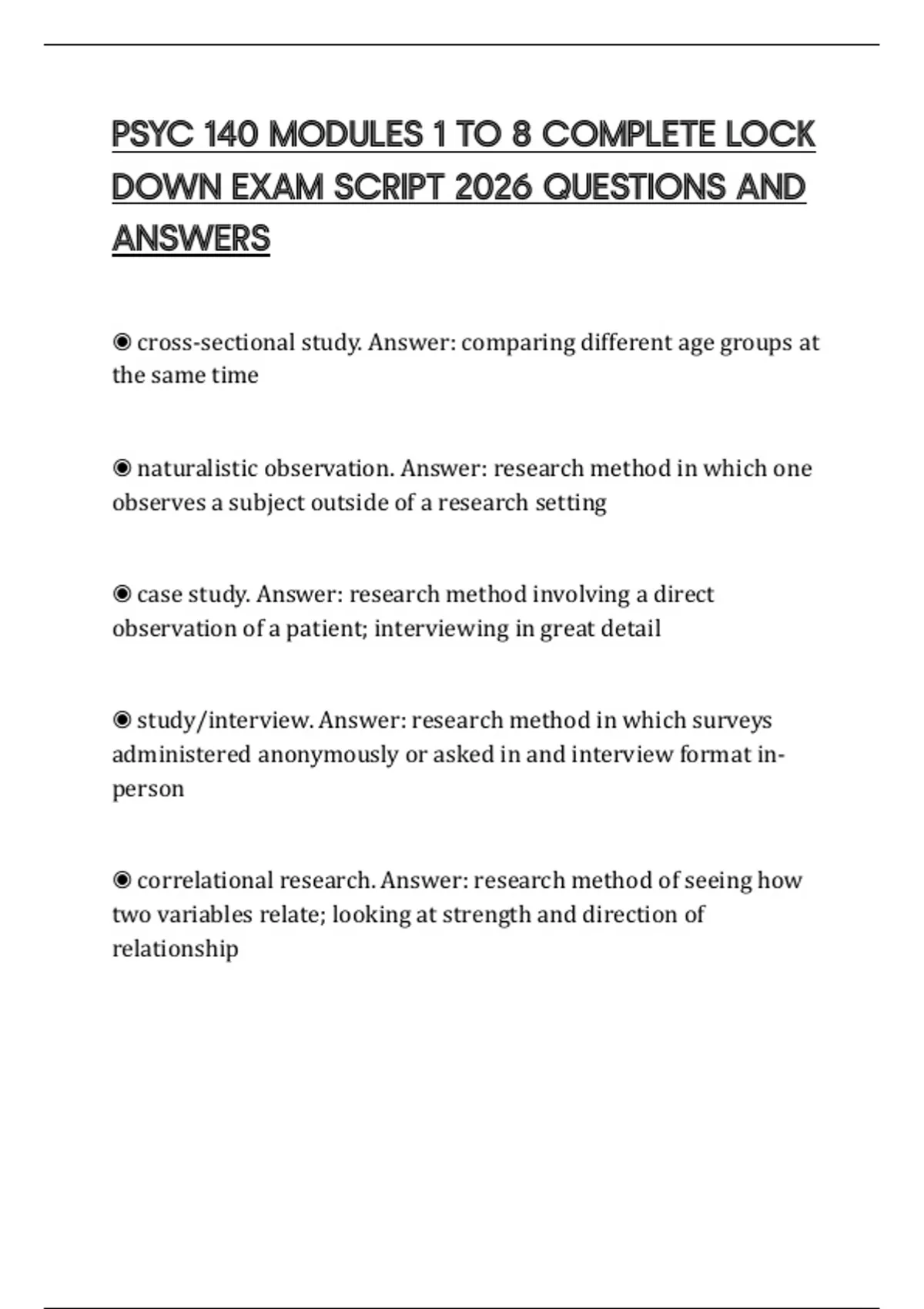 PSYC 140 MODULES 1 TO 8 COMPLETE LOCK DOWN EXAM SCRIPT 2026 QUESTIONS ...