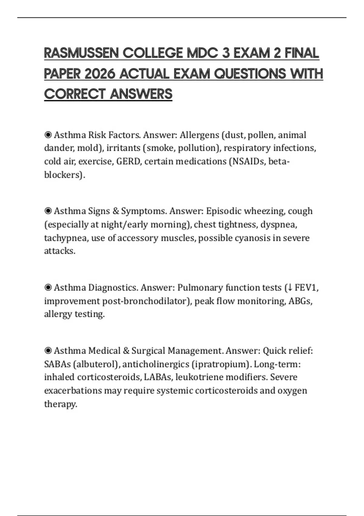 RASMUSSEN COLLEGE MDC 3 EXAM 2 FINAL PAPER 2026 ACTUAL EXAM QUESTIONS ...