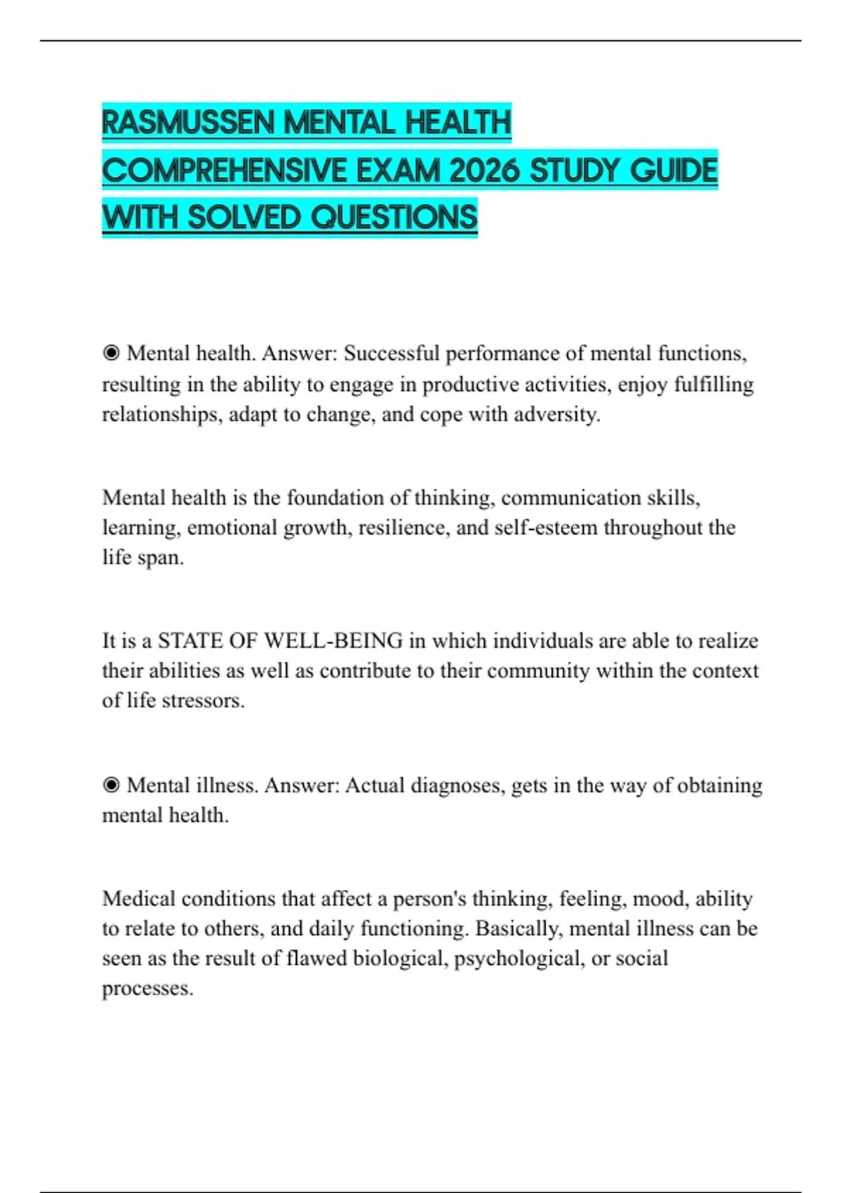 RASMUSSEN MENTAL HEALTH COMPREHENSIVE EXAM 2026 STUDY GUIDE WITH SOLVED ...