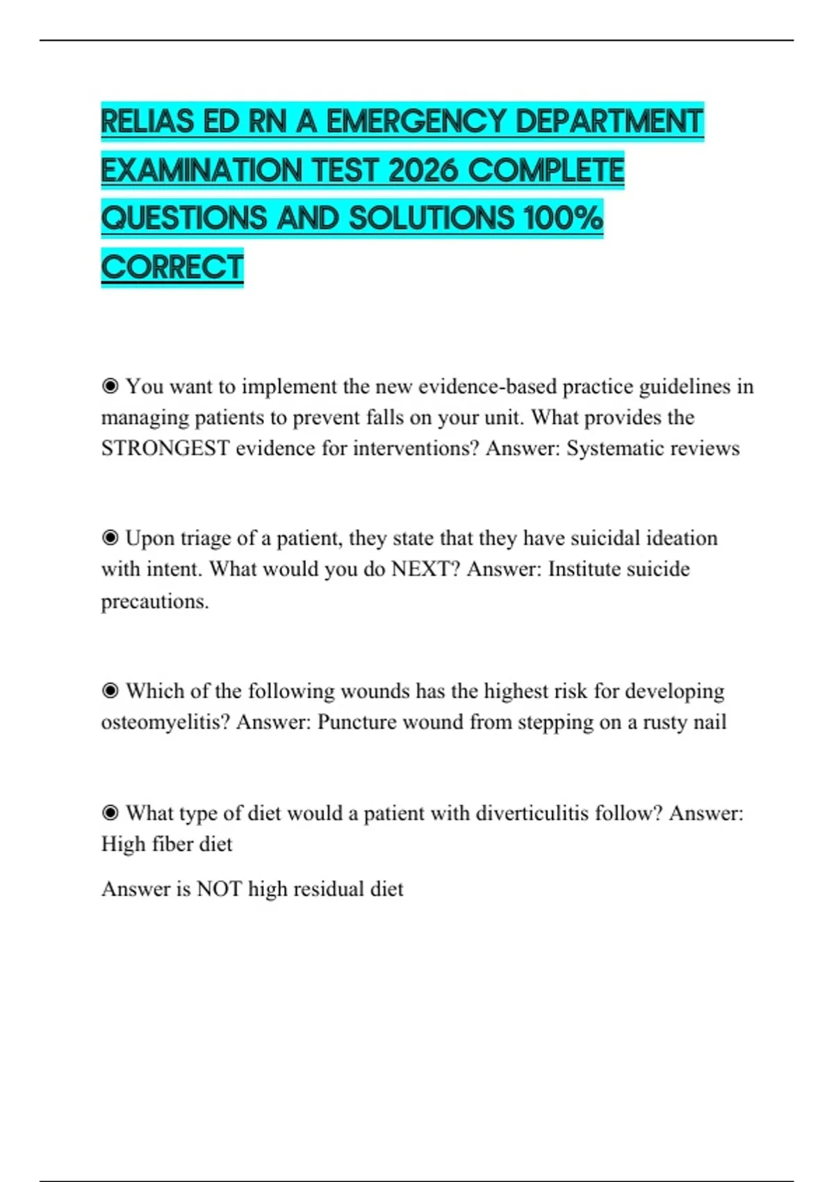 RELIAS ED RN A EMERGENCY DEPARTMENT EXAMINATION TEST 2026 COMPLETE ...