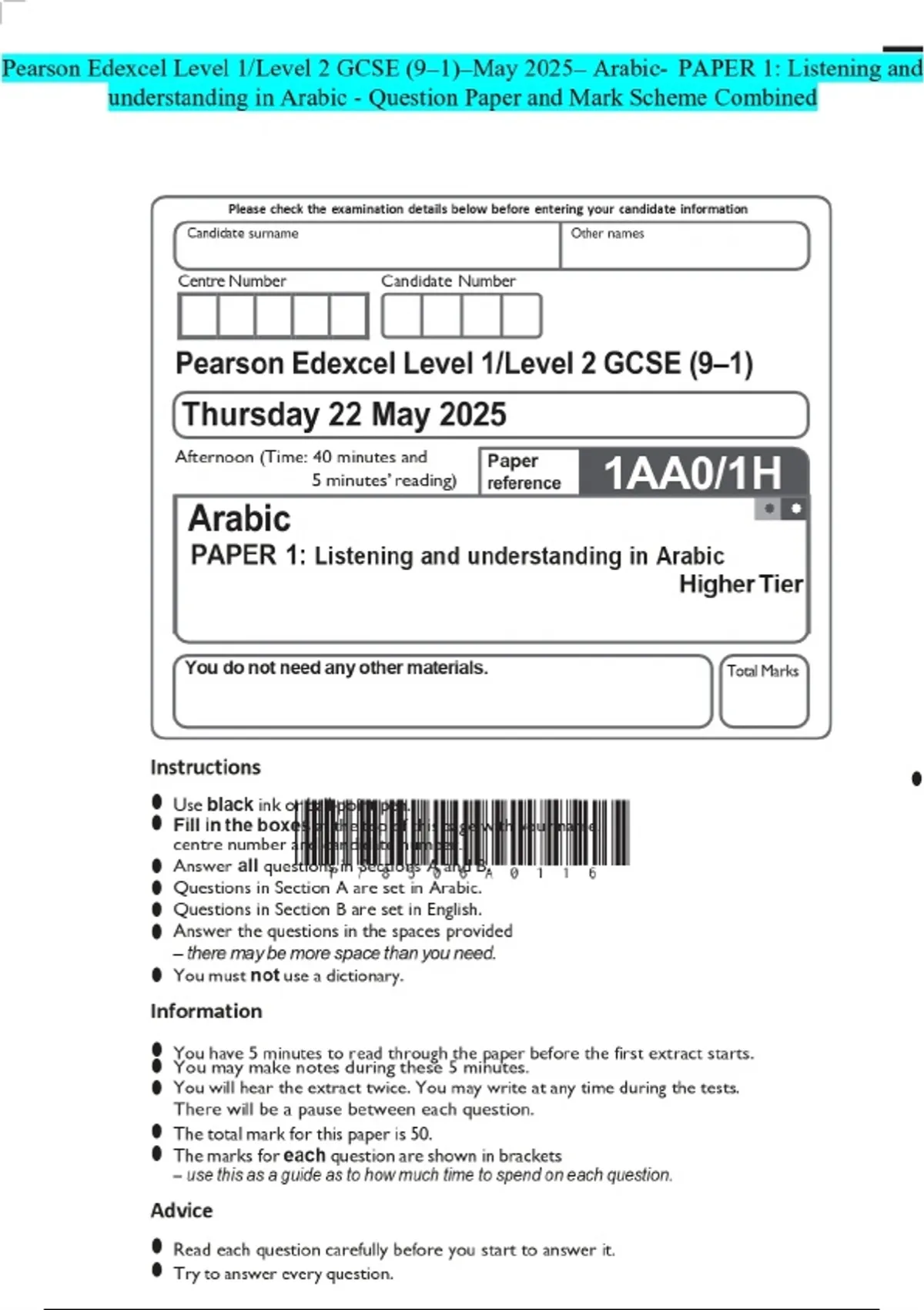 Pearson Edexcel Level 1/Level 2 GCSE (9–1)-May 2025- Arabic- PAPER 1 ...