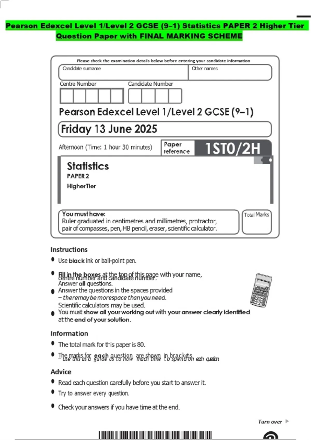 Pearson Edexcel Level 1/Level 2 GCSE (9–1) Statistics PAPER 2 Higher ...