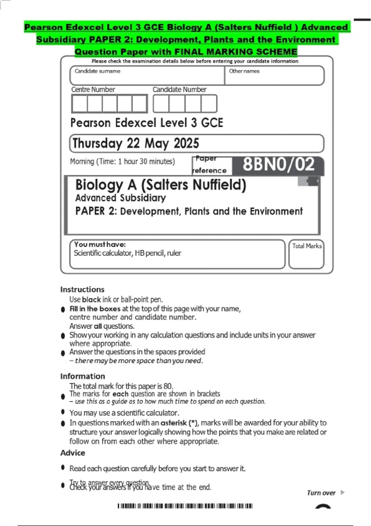 Pearson Edexcel Level 3 GCE Biology A (Salters Nuffield ) Advanced ...