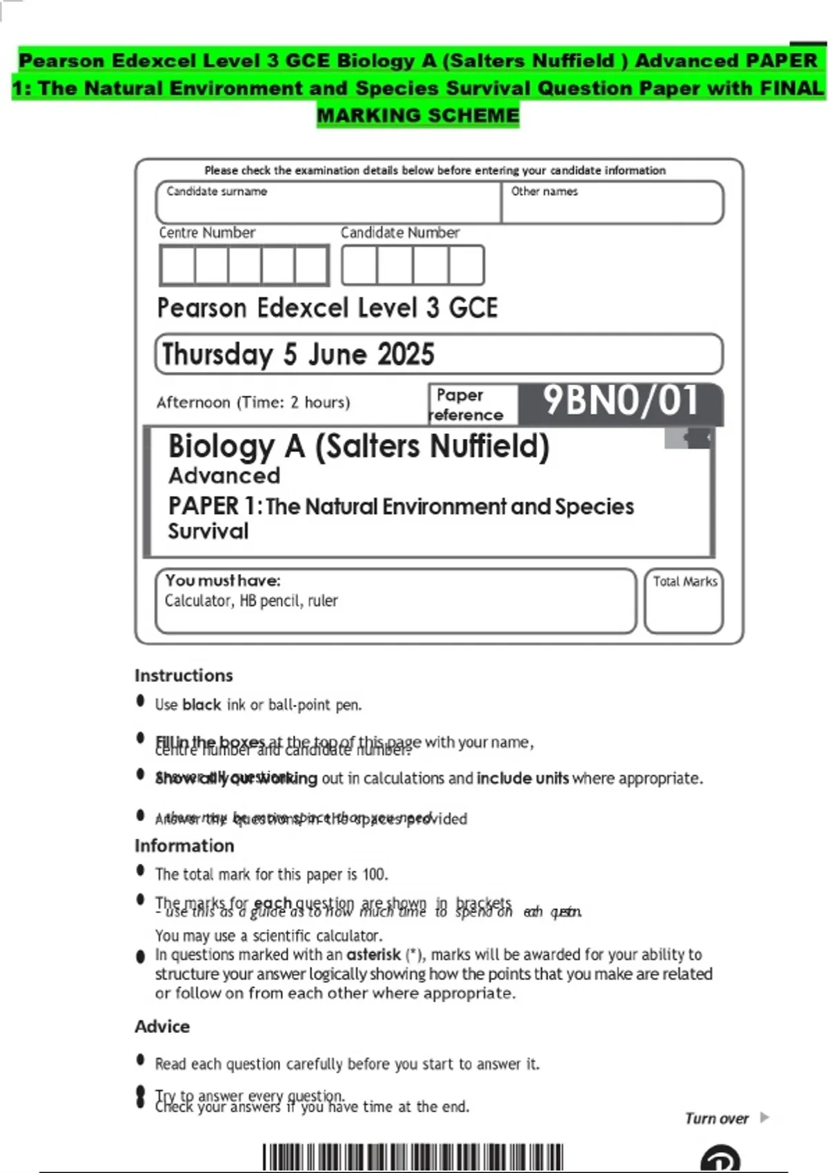 Pearson Edexcel Level 3 GCE Biology A (Salters Nuffield ) Advanced ...