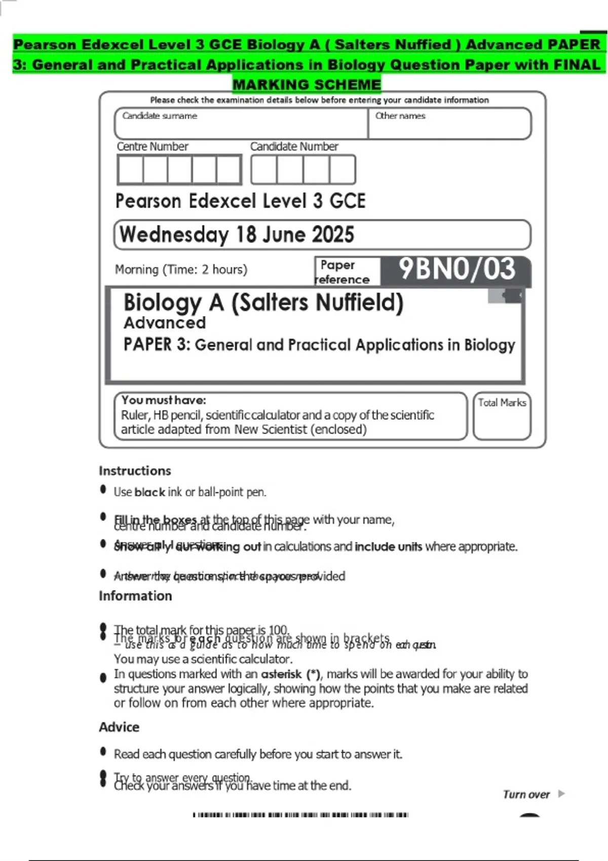 Pearson Edexcel Level 3 GCE Biology A ( Salters Nuffied ) Advanced ...