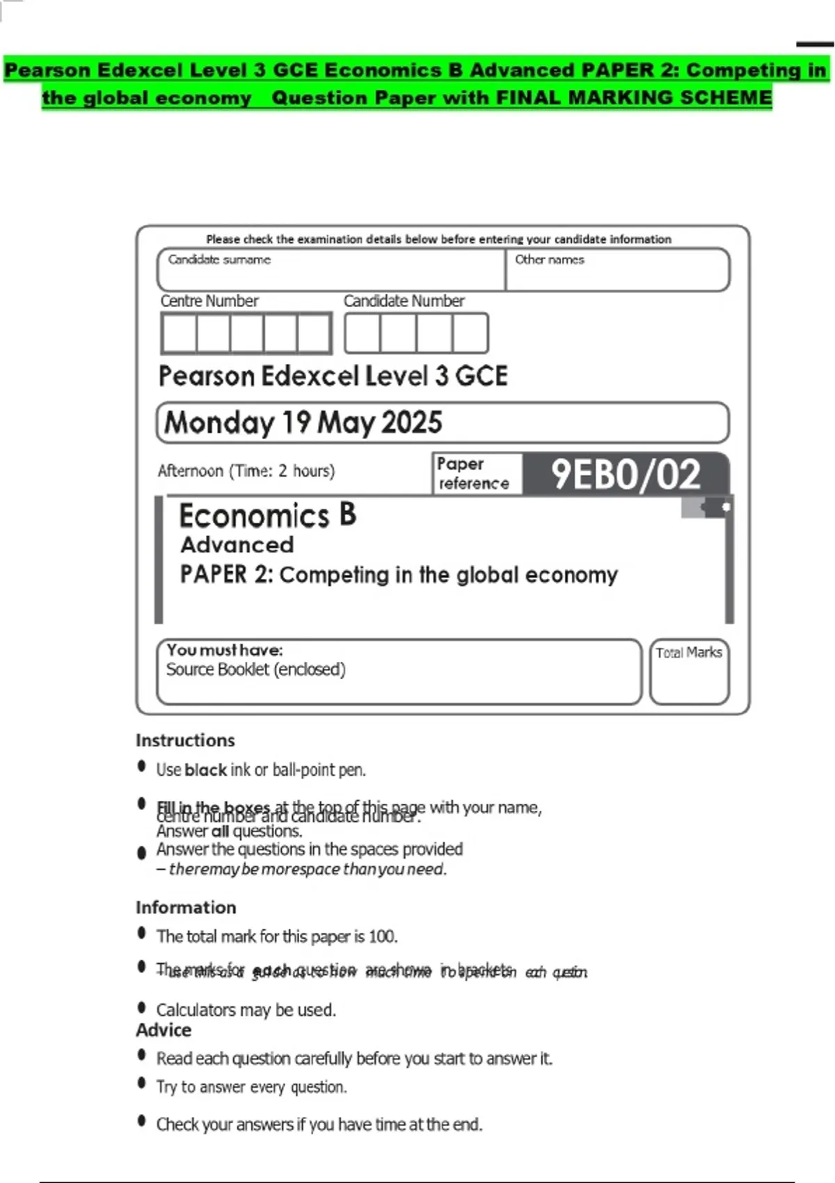 Pearson Edexcel Level 3 GCE Economics B Advanced PAPER 2: Competing in ...