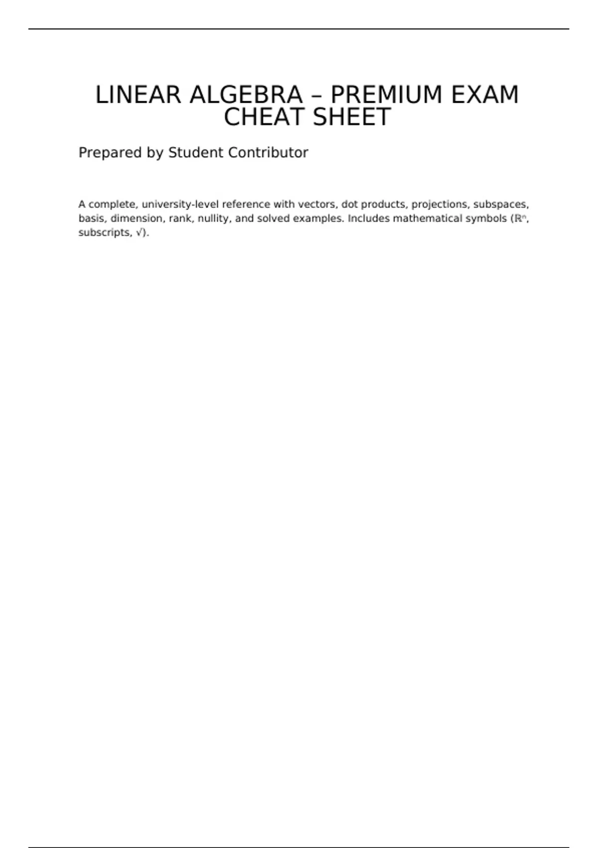 Summary Linear Algebra Complete Exam Cheat Sheet (Vectors, ℝⁿ, Dot ...