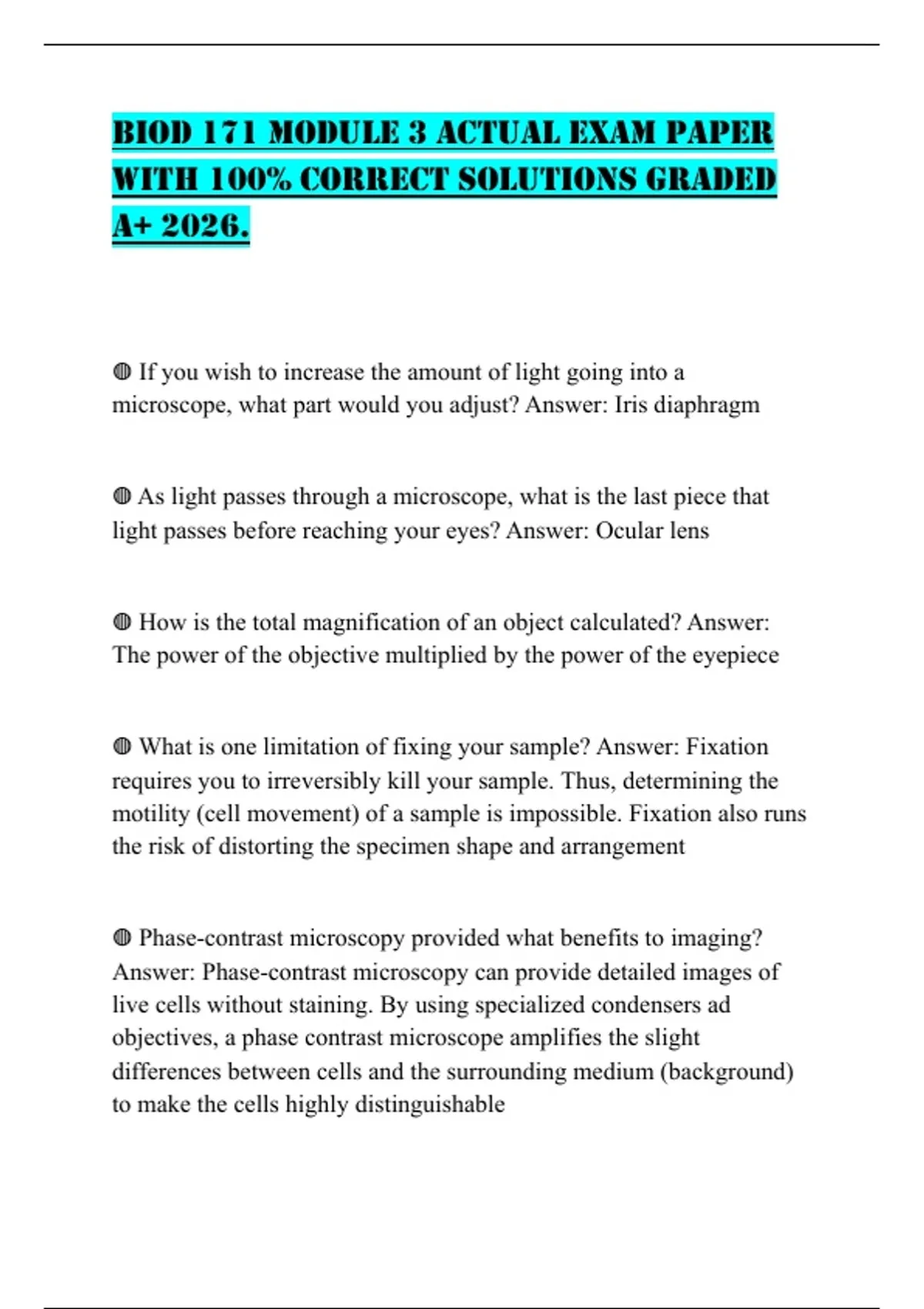 BIOD 171 MODULE 3 ACTUAL EXAM PAPER WITH 100% CORRECT SOLUTIONS GRADED ...