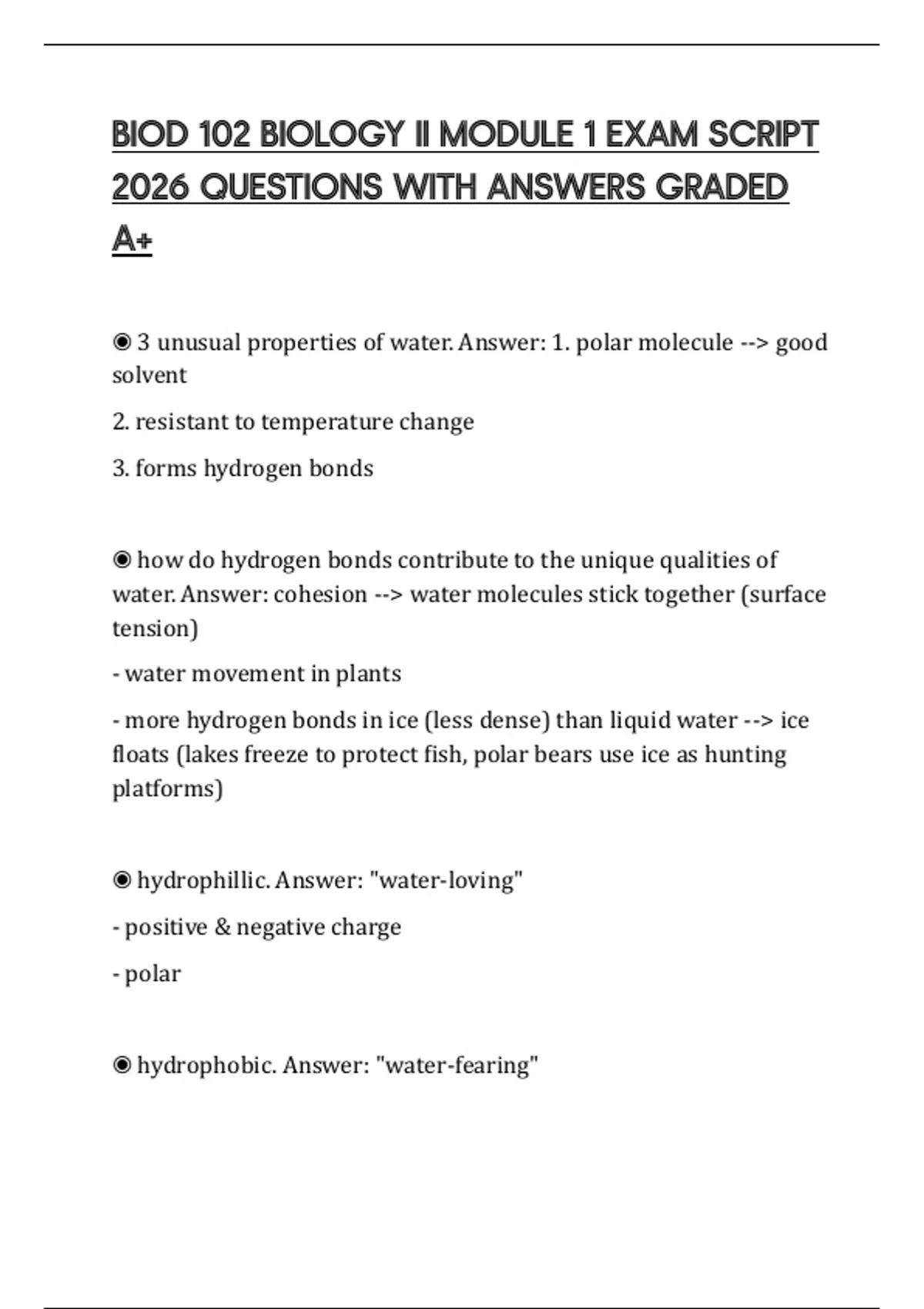 BIOD 102 BIOLOGY II MODULE 1 EXAM SCRIPT 2026 QUESTIONS WITH ANSWERS ...