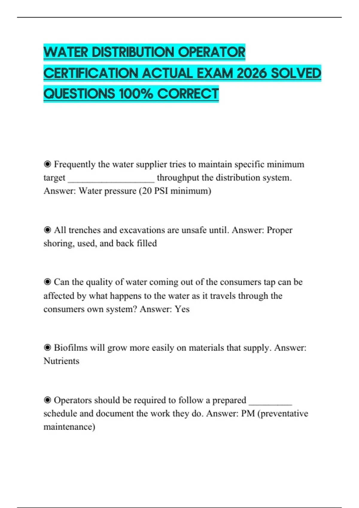 WATER DISTRIBUTION OPERATOR CERTIFICATION ACTUAL EXAM 2026 SOLVED ...