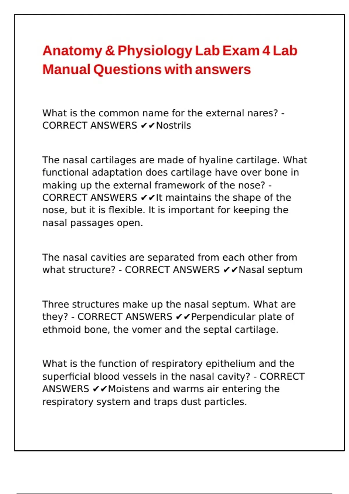 Anatomy & Physiology Lab Exam 4 Lab Manual Questions with answers ...