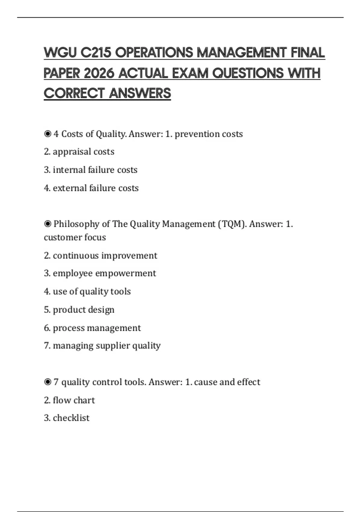 WGU C215 OPERATIONS MANAGEMENT FINAL PAPER 2026 ACTUAL EXAM QUESTIONS ...