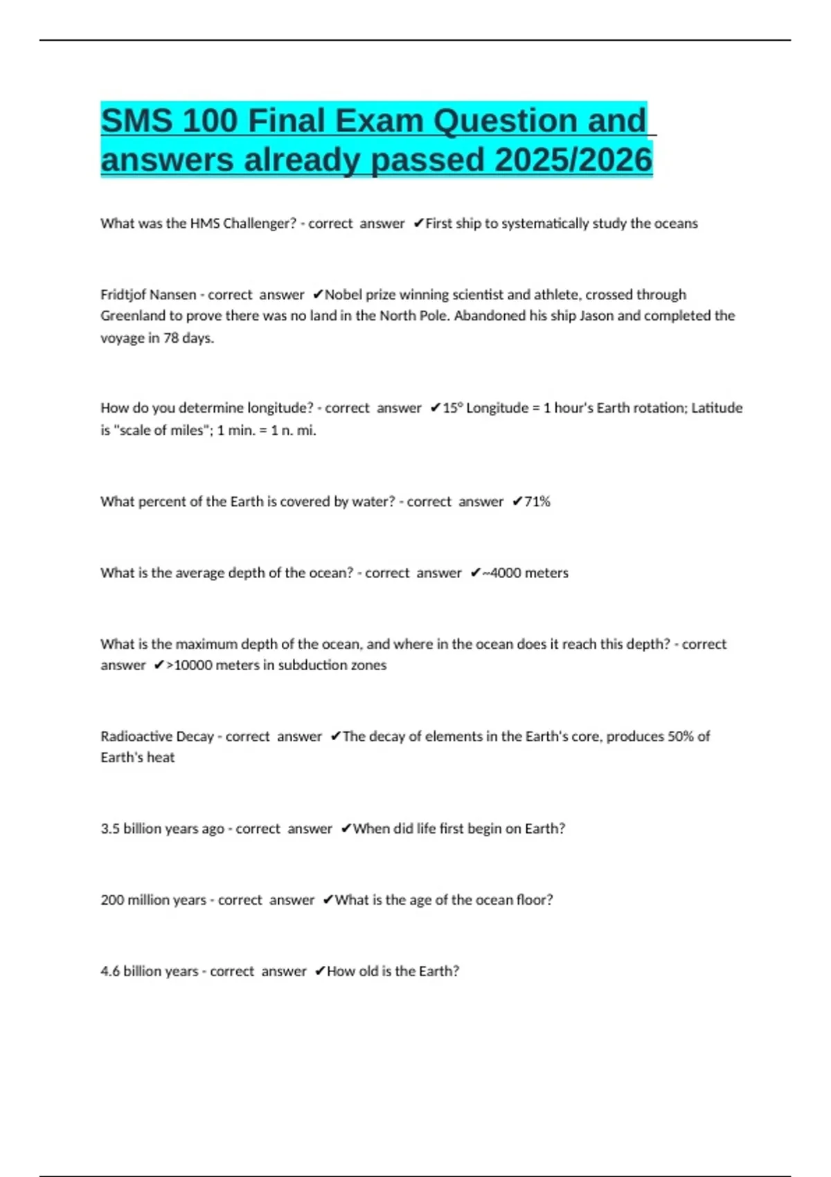 SMS 100 Final Exam Question and answers already passed 2025/2026 - SMS ...