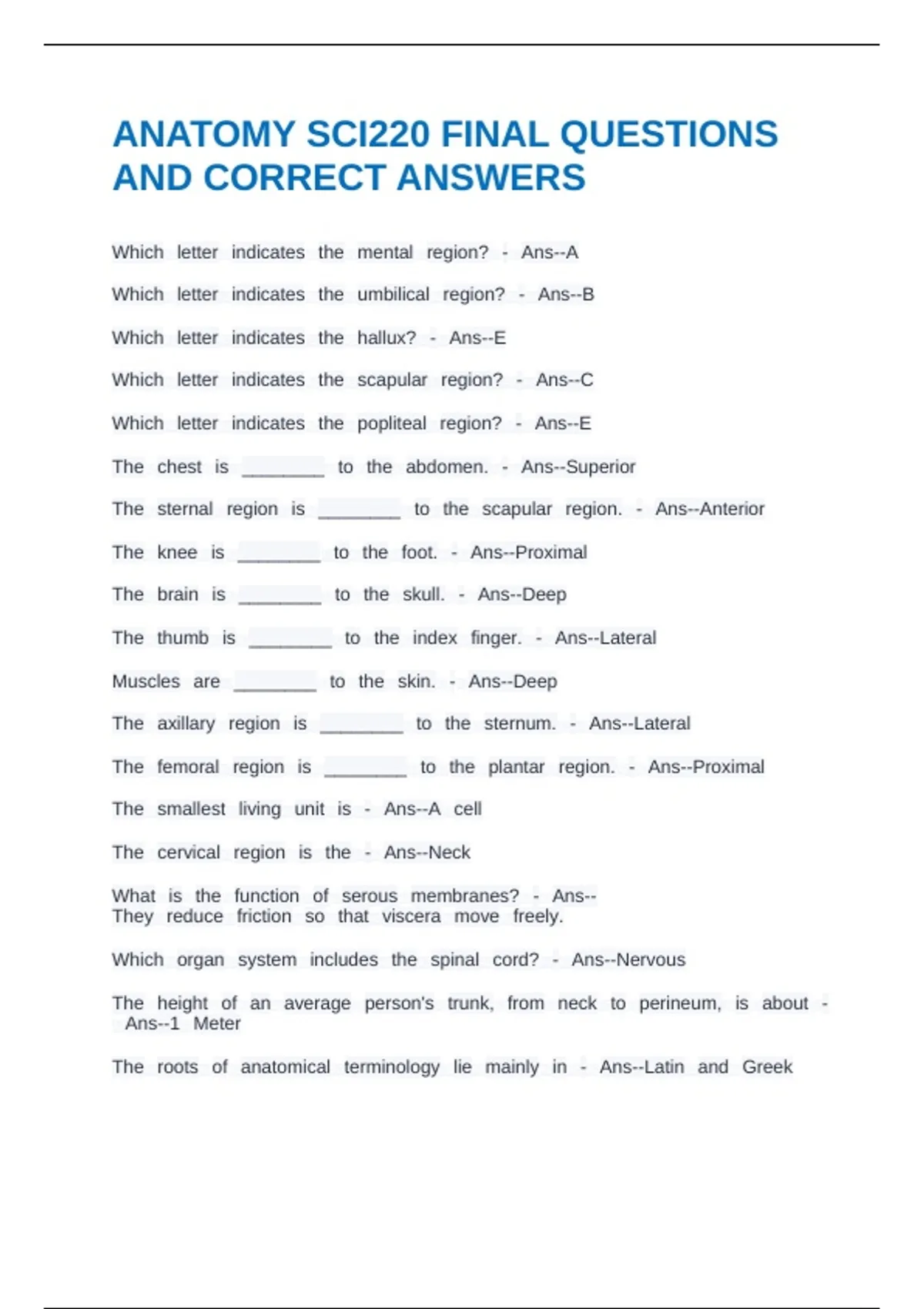 ANATOMY SCI220 FINAL QUESTIONS AND CORRECT ANSWERS - Stuvia US