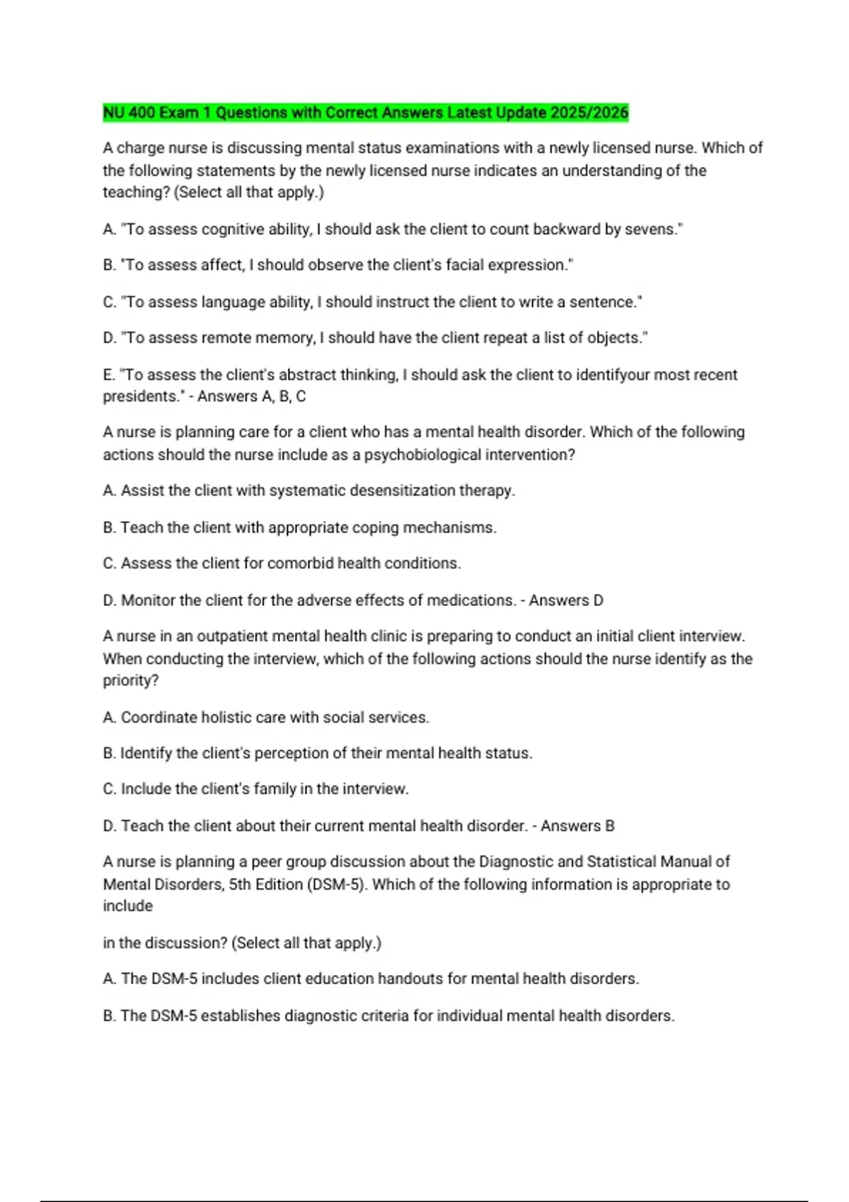 NU 400 BUNDLED QUESTIONS WITH CORRECT ANSWERS LATEST UPDATE 2025/2026 ...