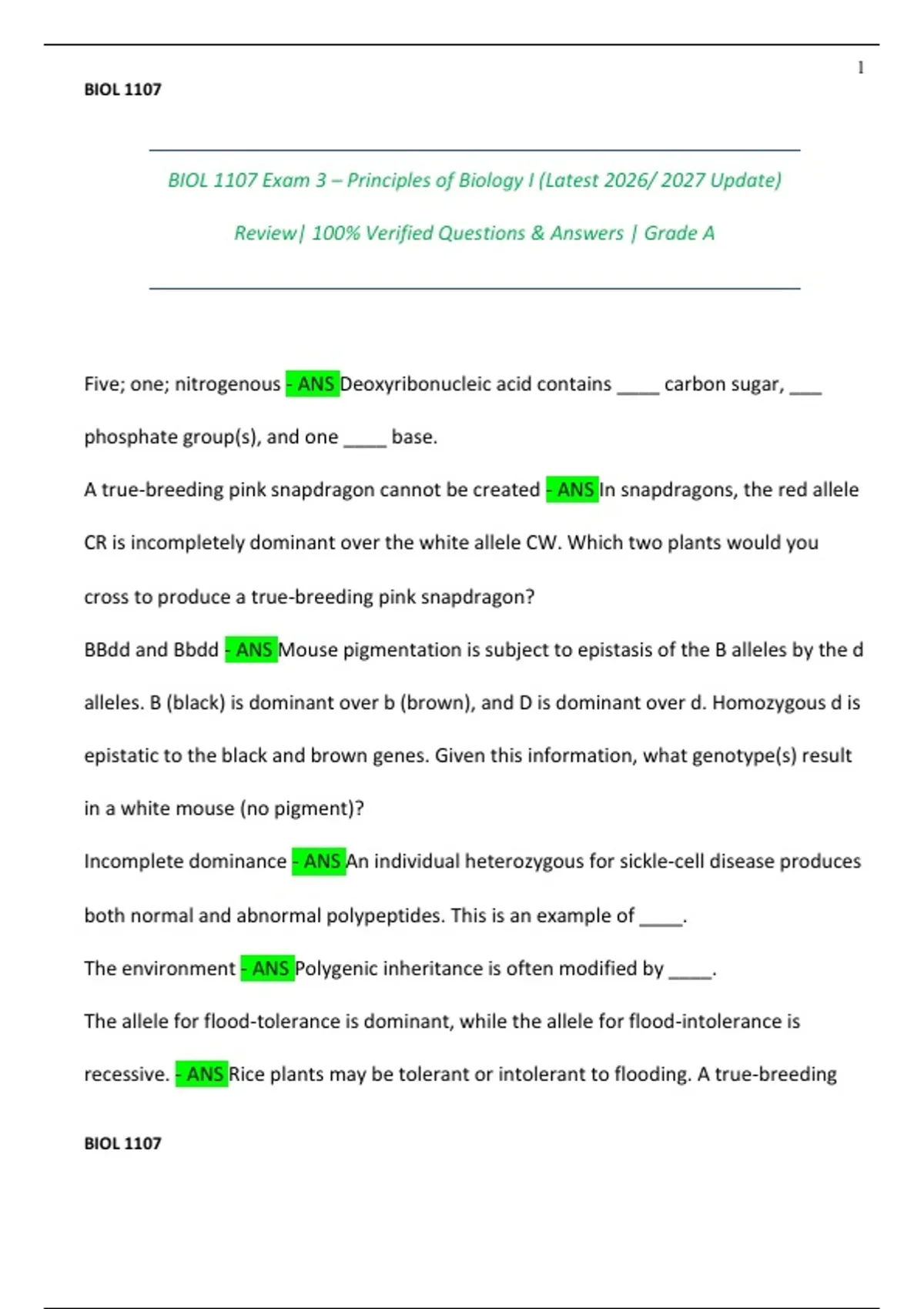 STUDY PACK!! Principles of Biology BIOL 1107 Exam 1,2,3 & 4 COMPILATION ...
