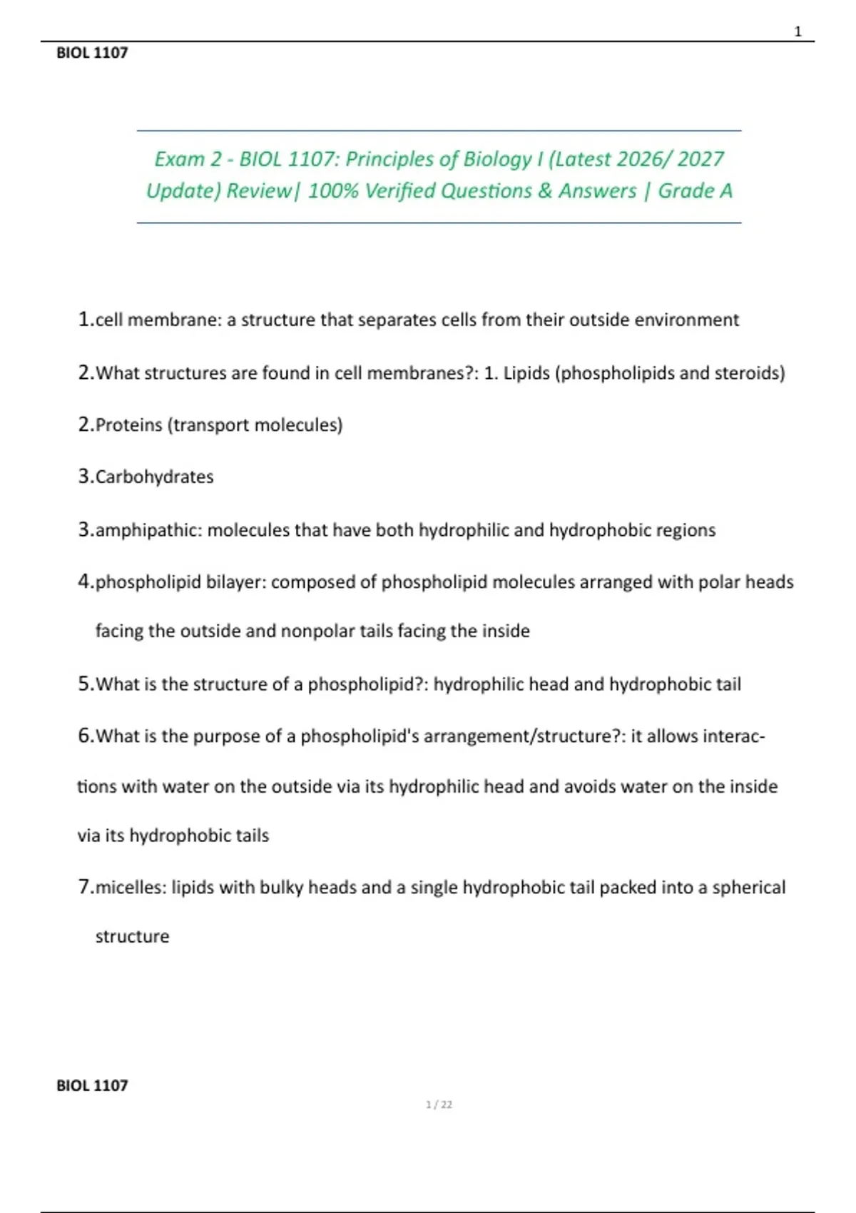 BIOL 1107 Exam 2 Study Guide – Principles of Biology I Review (2026 ...