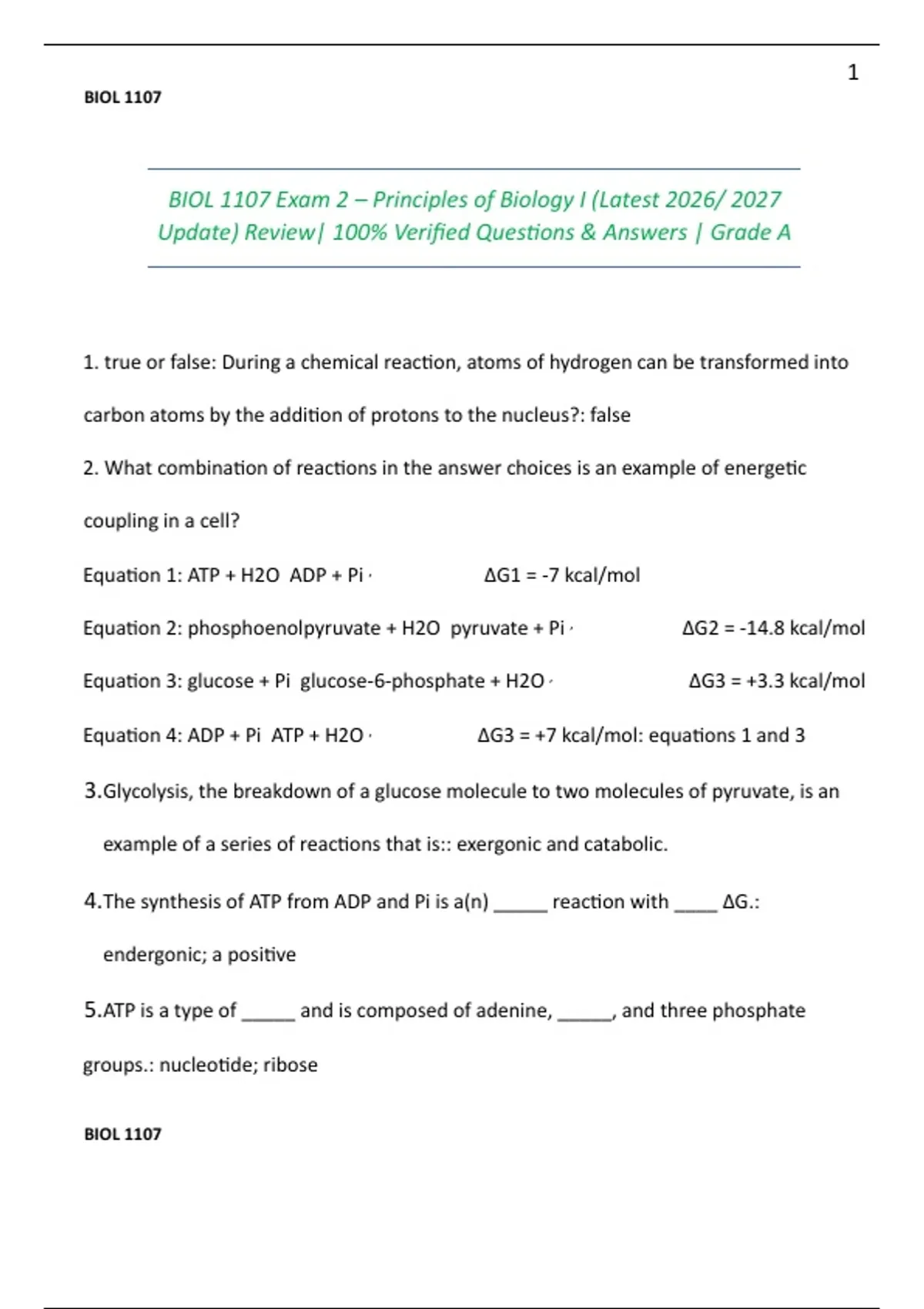 Exam 2 - BIOL 1107: Principles of Biology I (Latest 2026/ 2027 Update ...