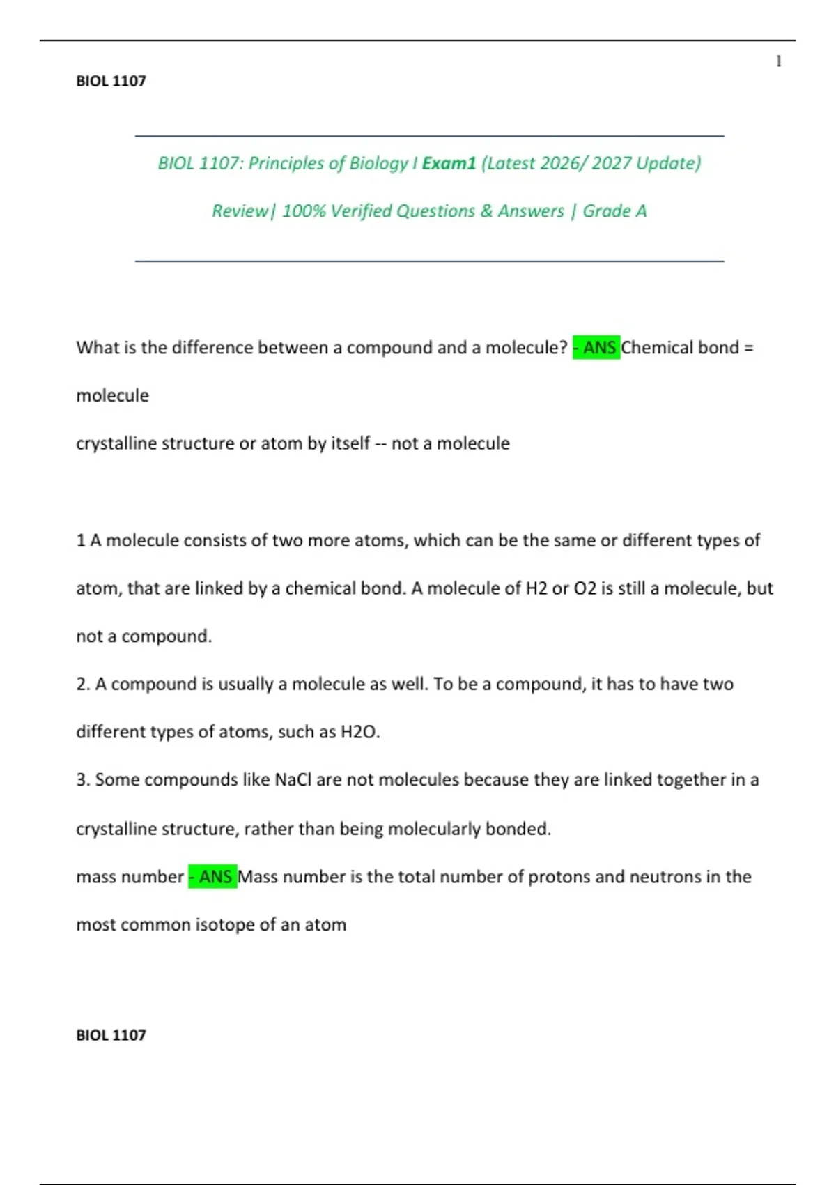 BIOL 1107 Exam 1 Study Guide – Principles of Biology I Review (2026 ...