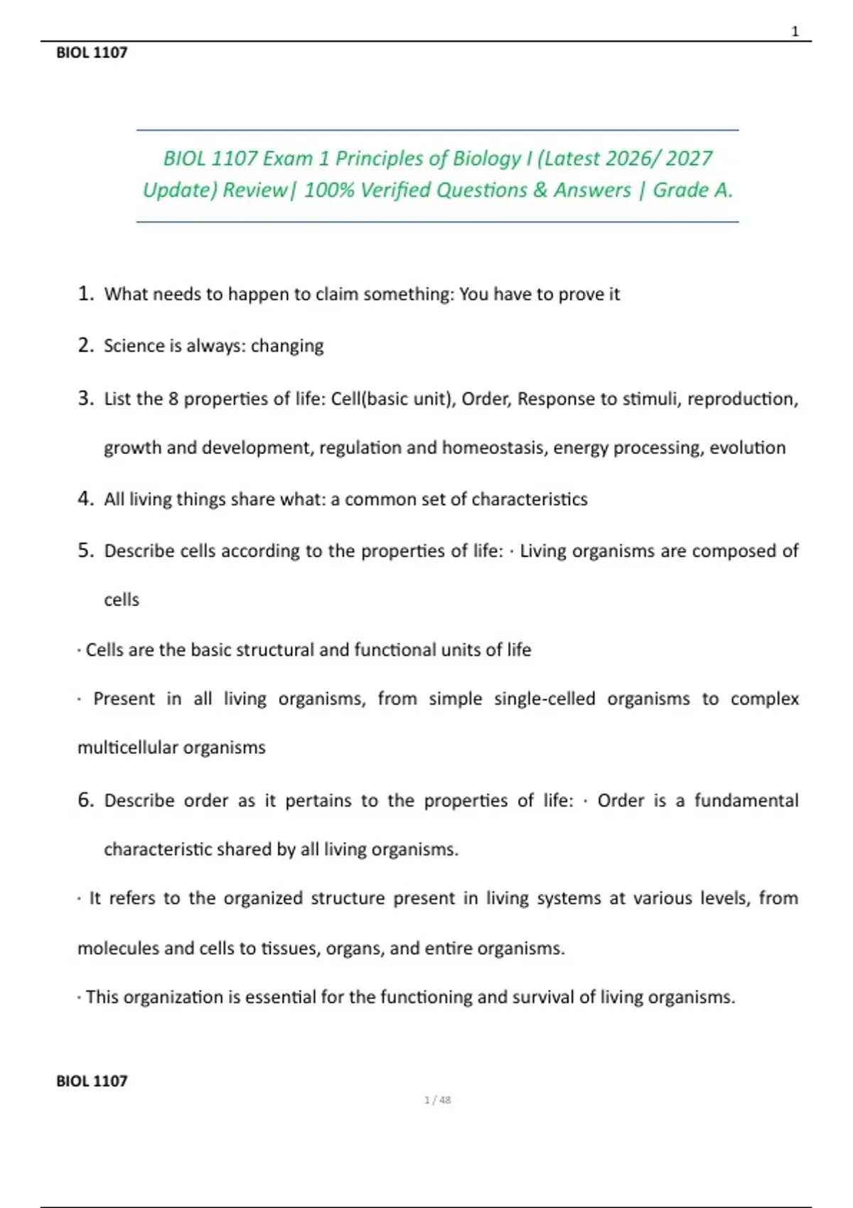 BIOL 1107 Exam 1 – Principles of Biology I (2026–2027 Updated ...