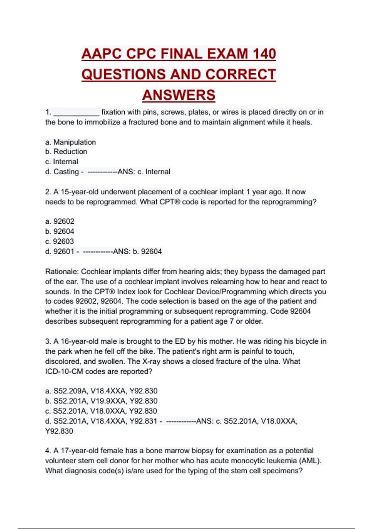 AAPC CPC FINAL EXAM 140 QUESTIONS AND CORRECT ANSWERS (A+ GRADED 100% ...