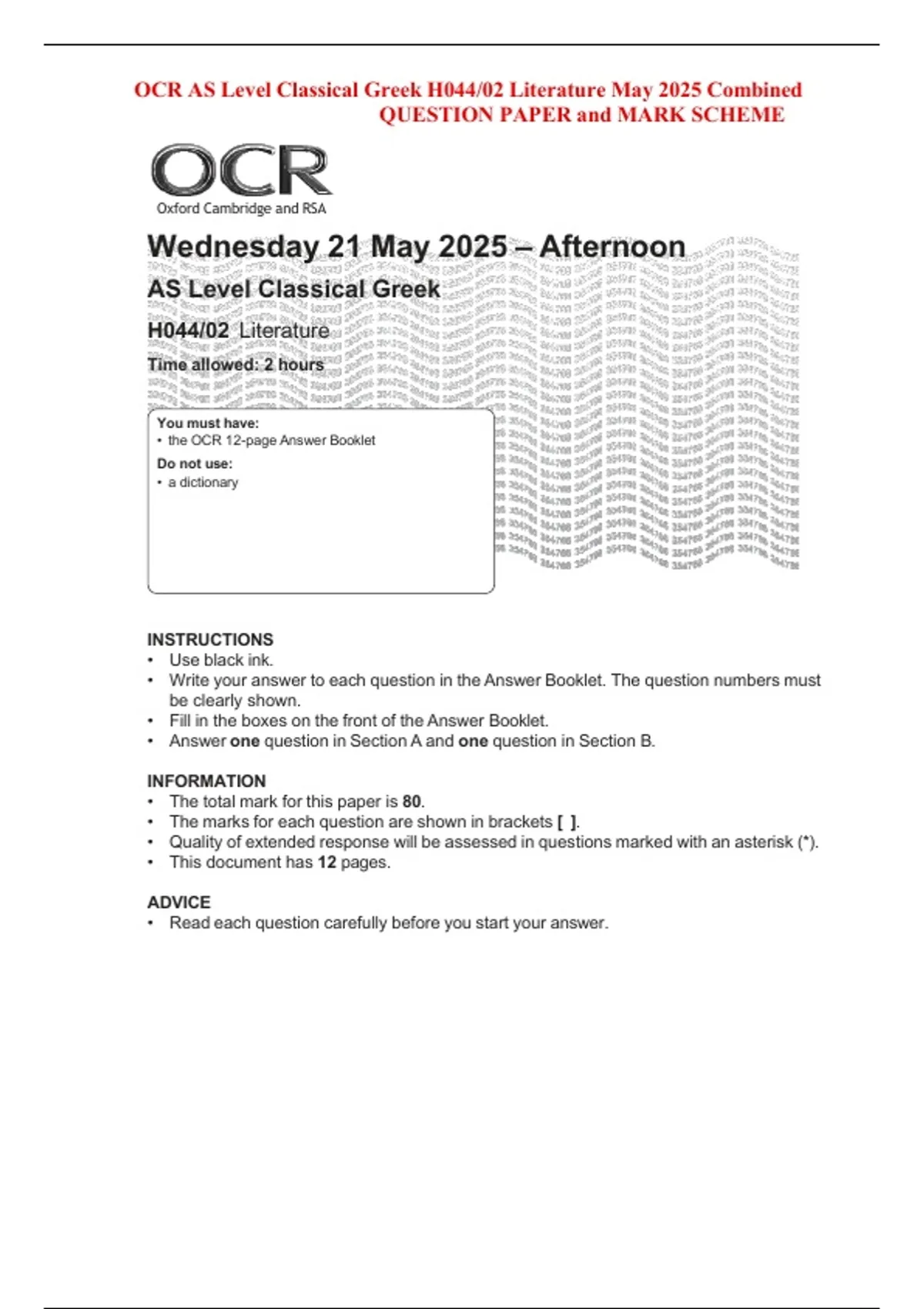 OCR AS Level Classical Greek H044/02 Literature May 2025 Combined ...