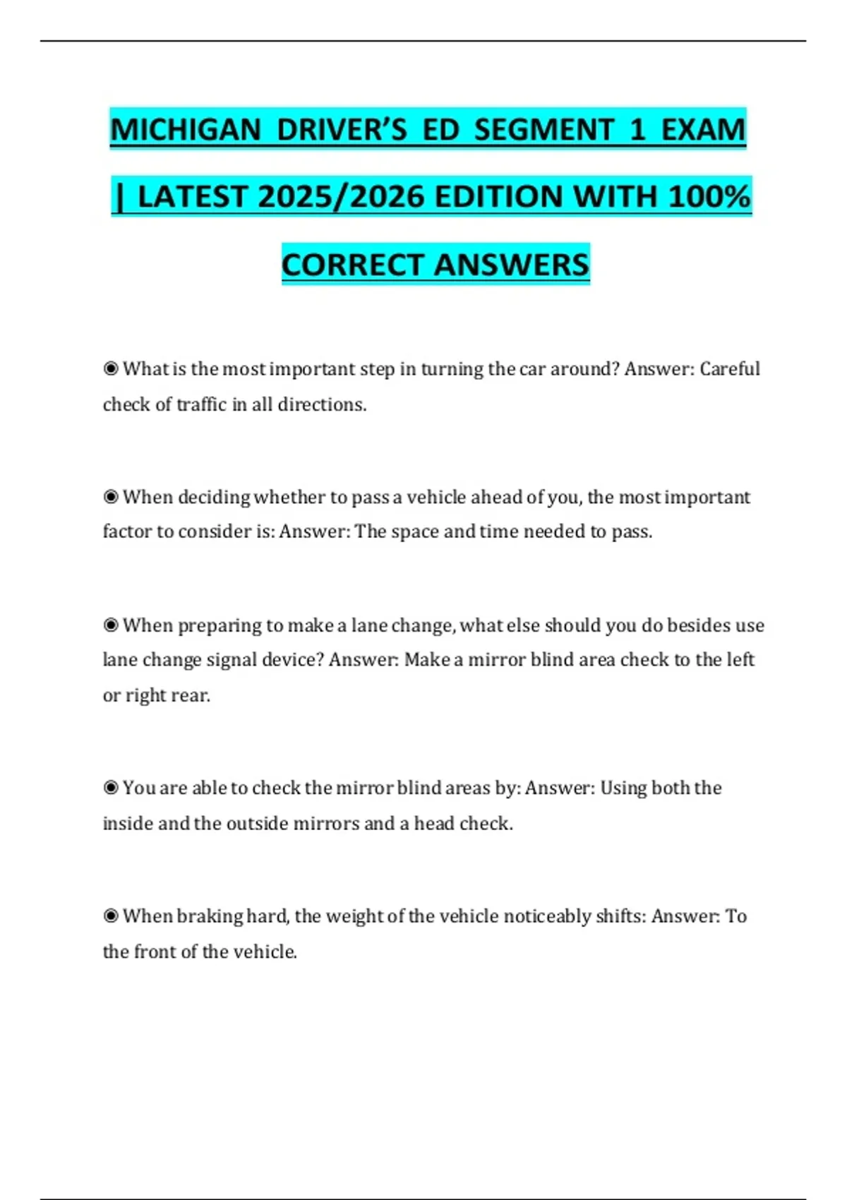 Michigan Driver’s Ed – Segment 1 Exam | Latest 2025/2026 Edition ...