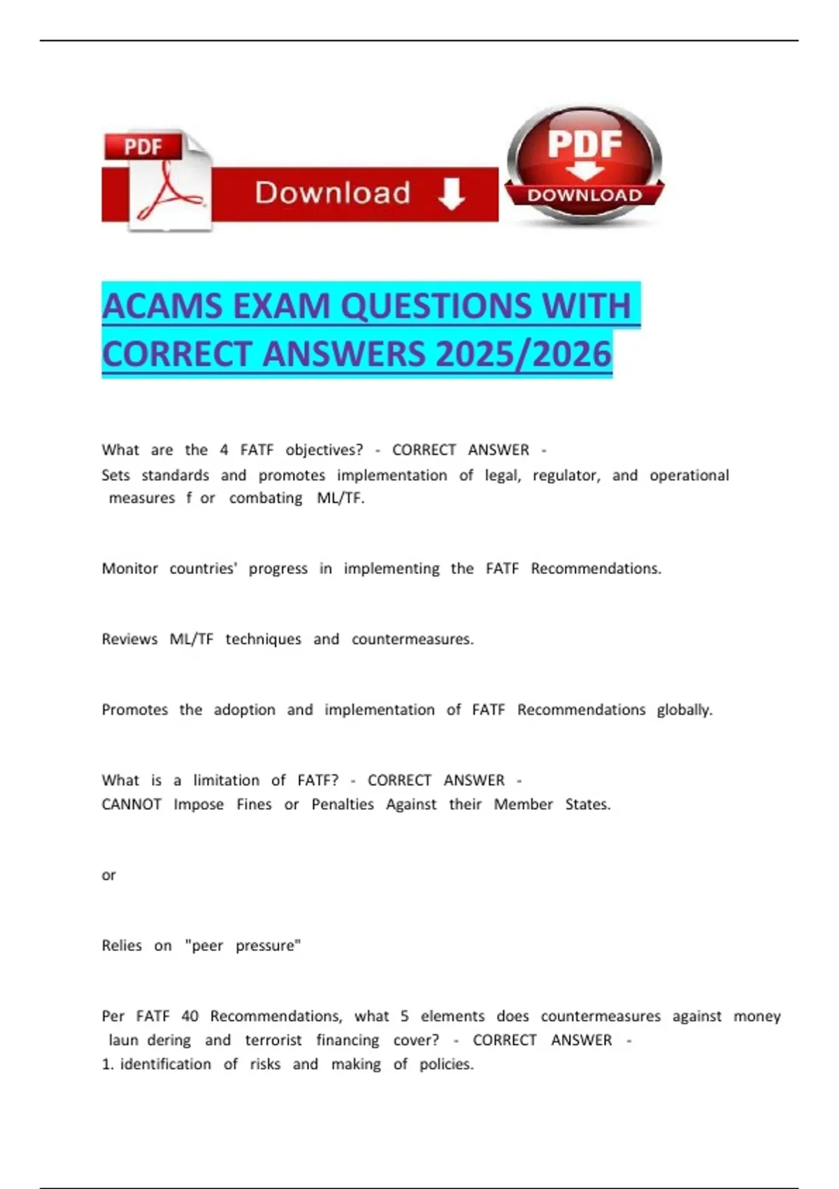 ACAMS EXAM QUESTIONS WITH CORRECT ANSWERS - ACAMS - Stuvia US