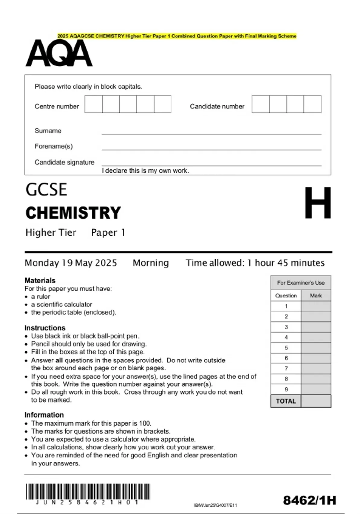 2025 AQAGCSE CHEMISTRY Higher Tier Paper 1 Combined Question Paper with ...