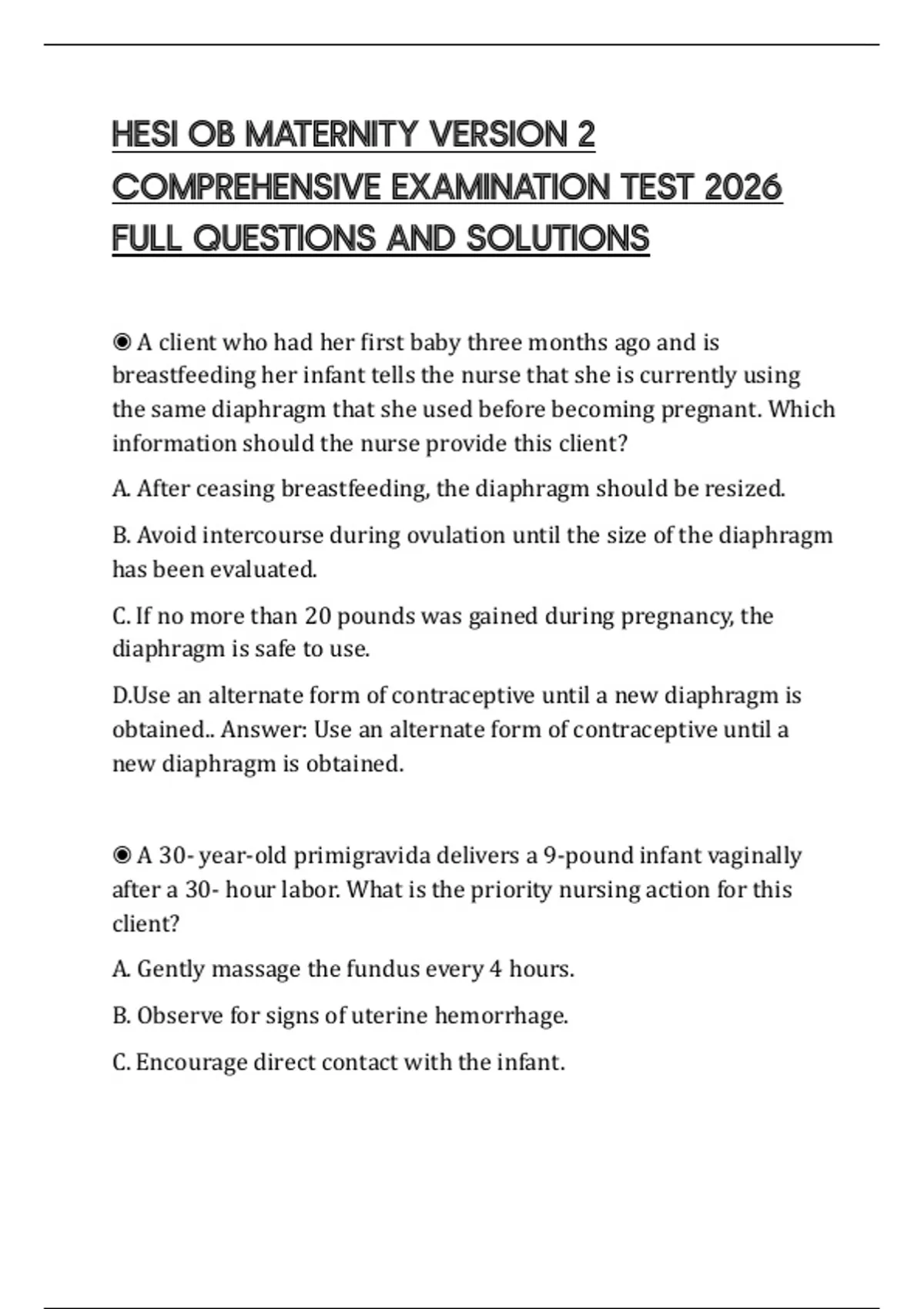 HESI OB MATERNITY VERSION 2 COMPREHENSIVE EXAMINATION TEST 2026 FULL ...