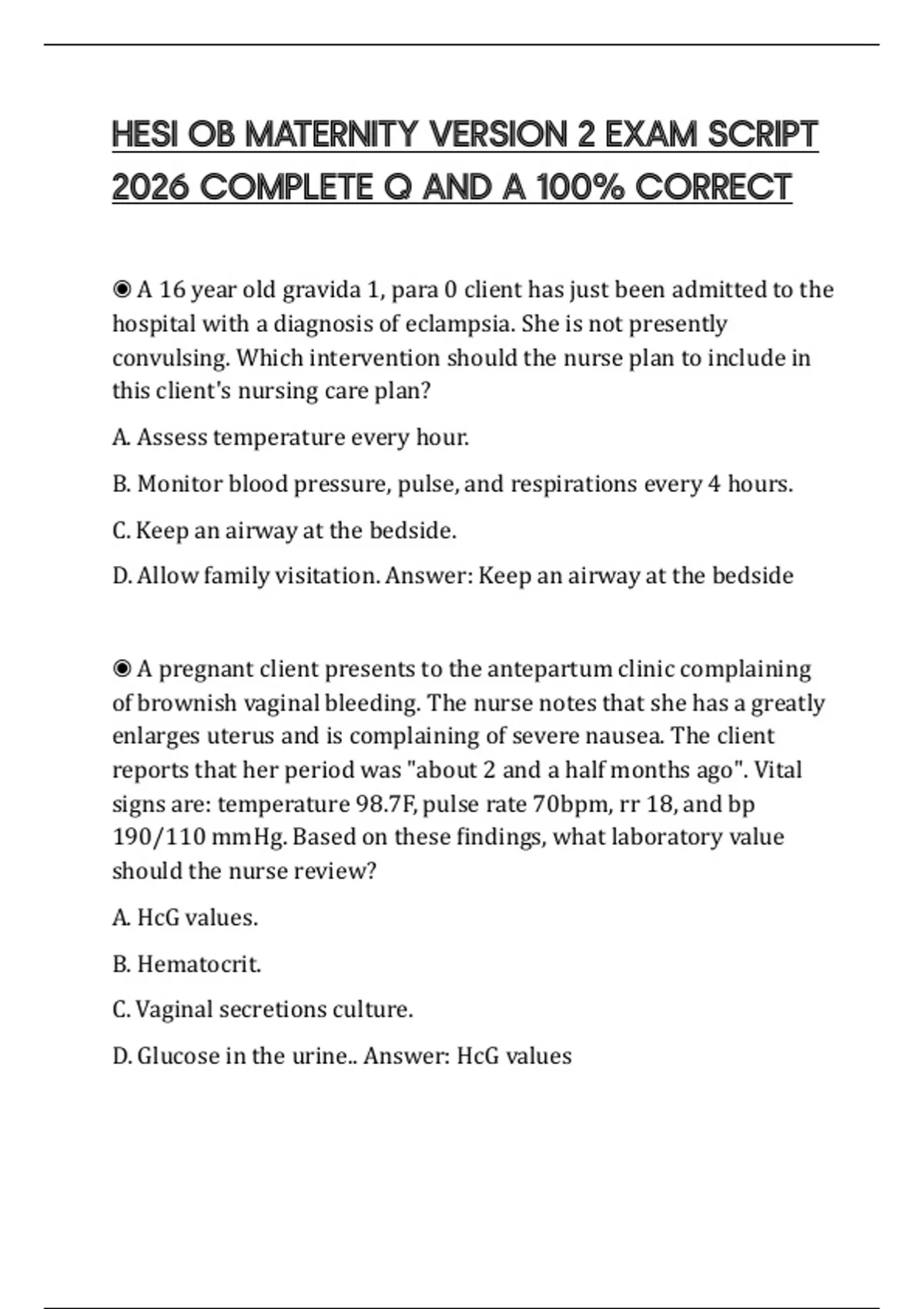HESI OB MATERNITY VERSION 2 EXAM SCRIPT 2026 COMPLETE Q AND A 100% ...