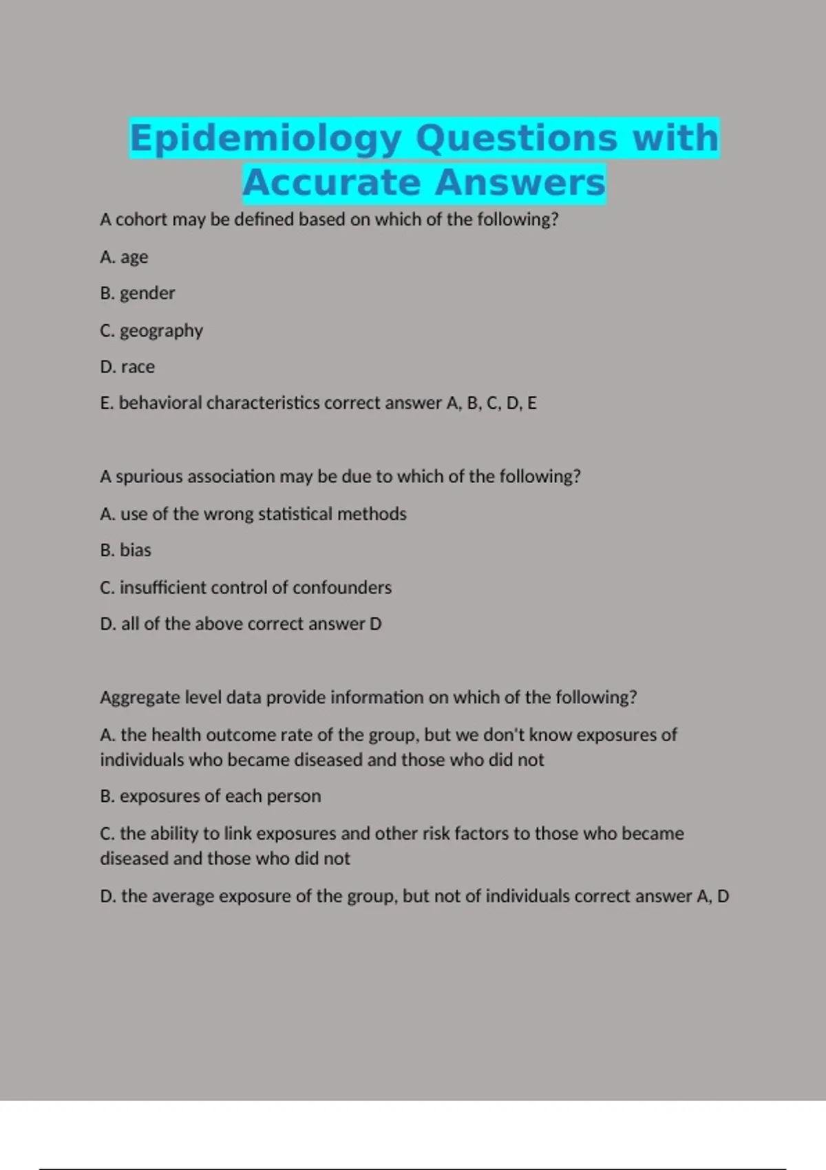 Epidemiology Questions with Accurate Answers - Epidemiology Course ...