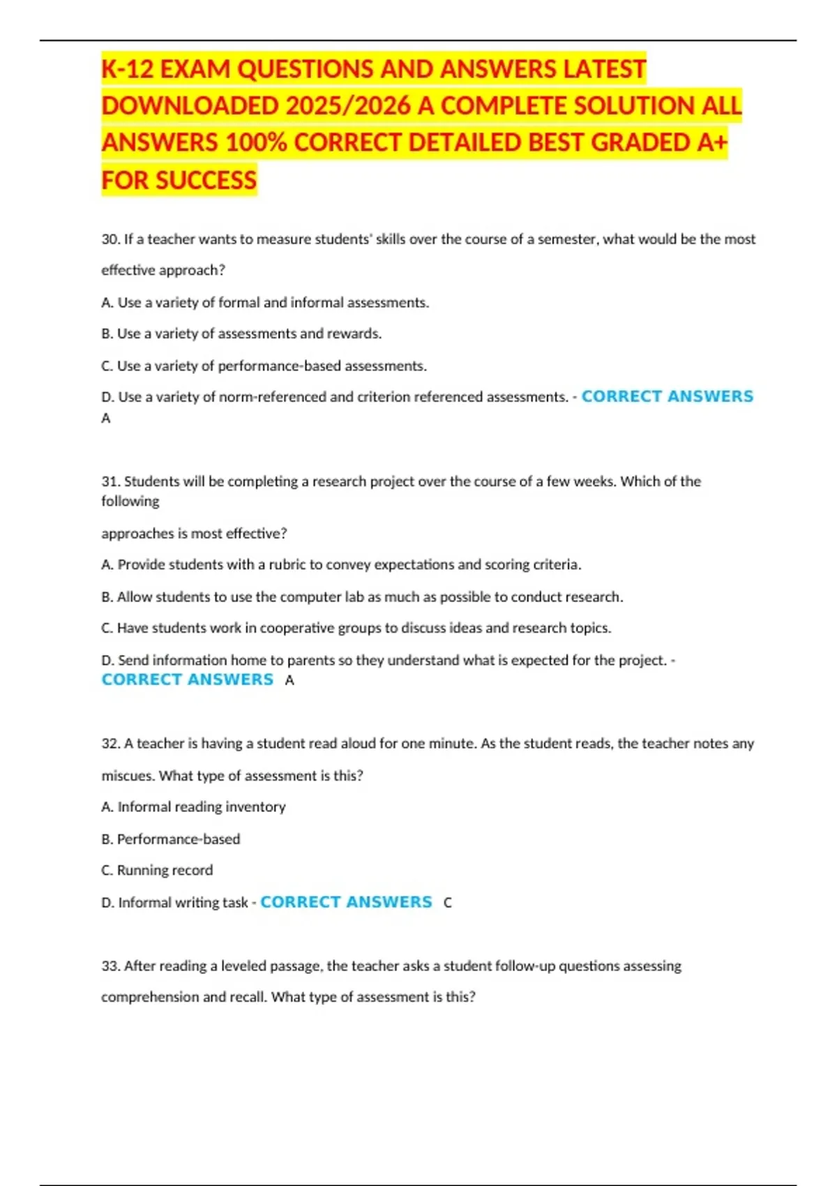K-12 EXAM QUESTIONS AND ANSWERS LATEST DOWNLOADED 2025/2026 A COMPLETE SOLUTION ALL ANSWERS 100% ...