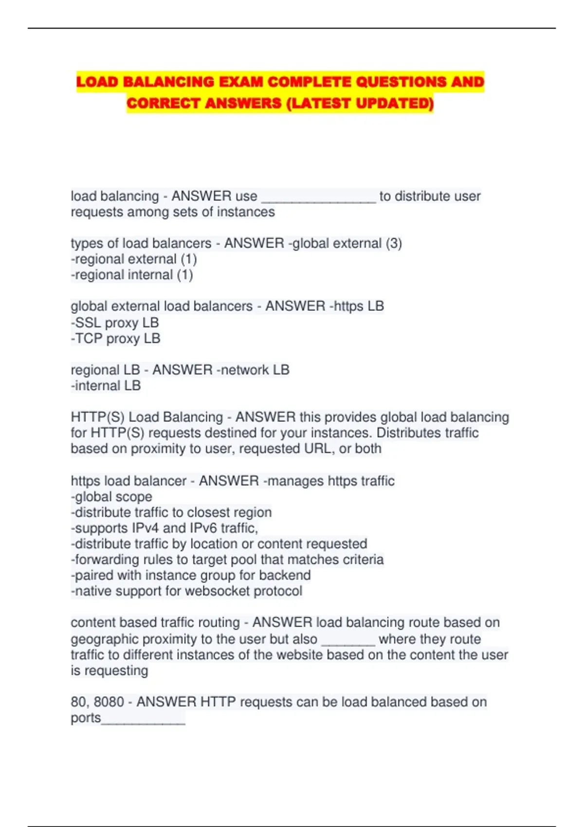 LOAD BALANCING EXAM COMPLETE QUESTIONS AND CORRECT ANSWERS (LATEST ...