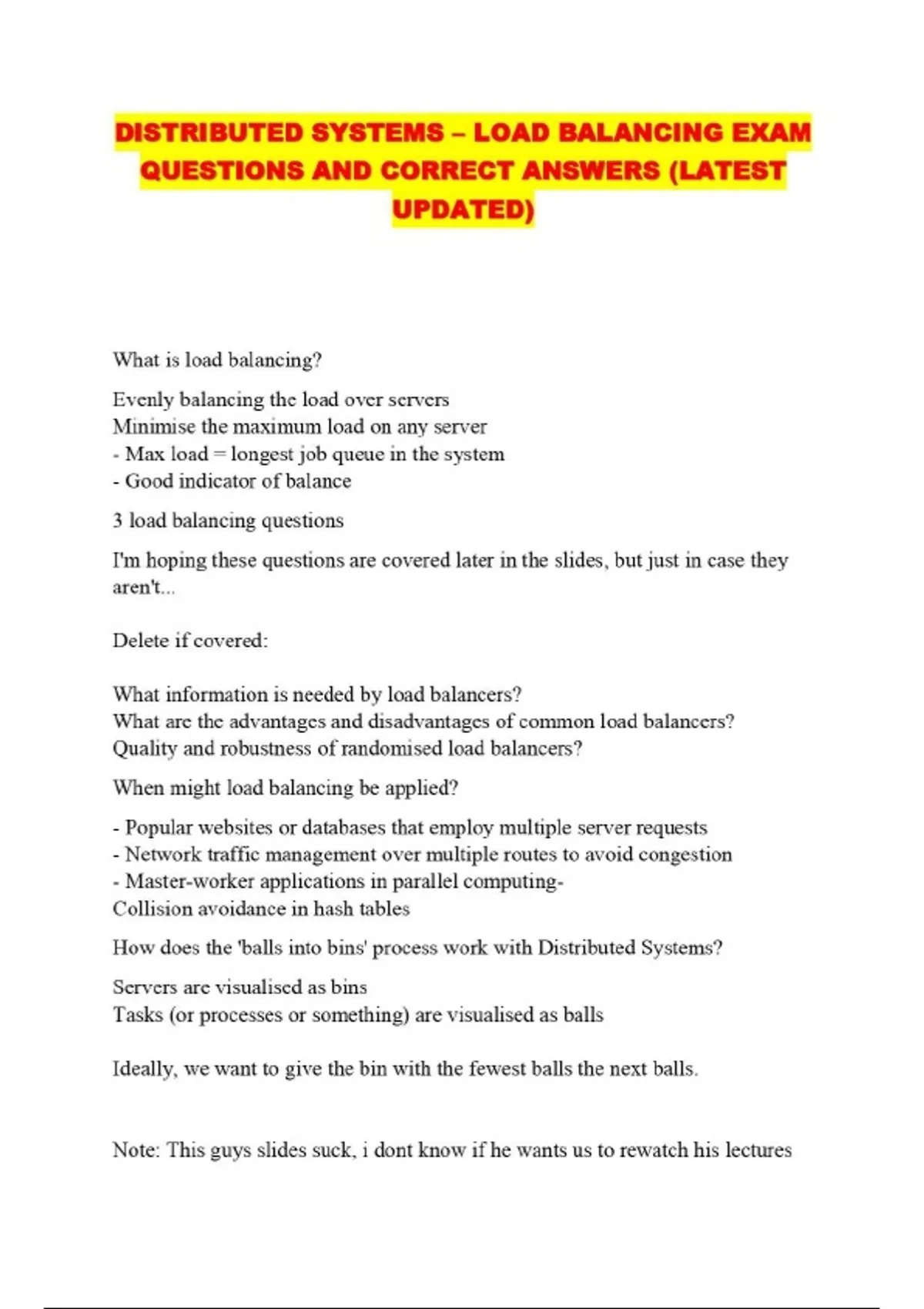 DISTRIBUTED SYSTEMS – LOAD BALANCING EXAM QUESTIONS AND CORRECT ANSWERS ...