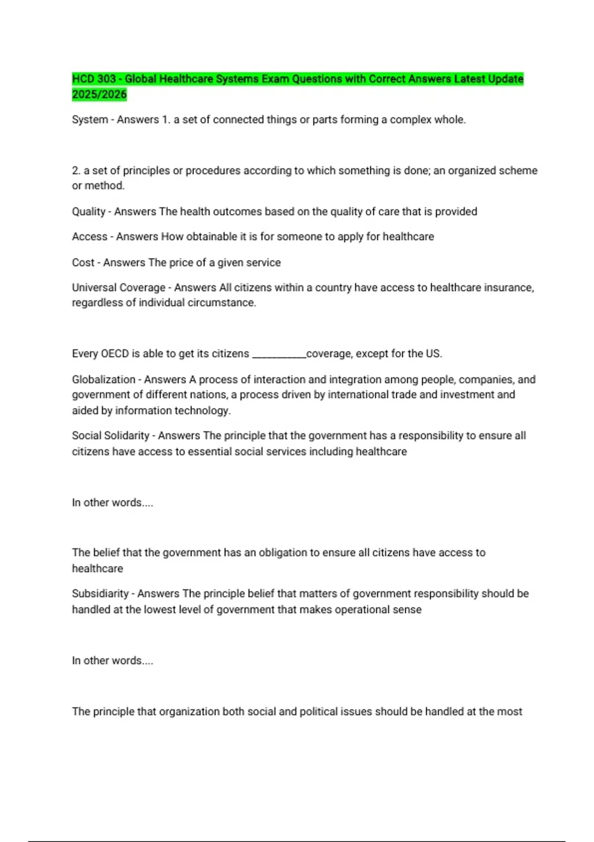 HCD 303 - Global Healthcare Systems Exam Questions with Correct Answers ...
