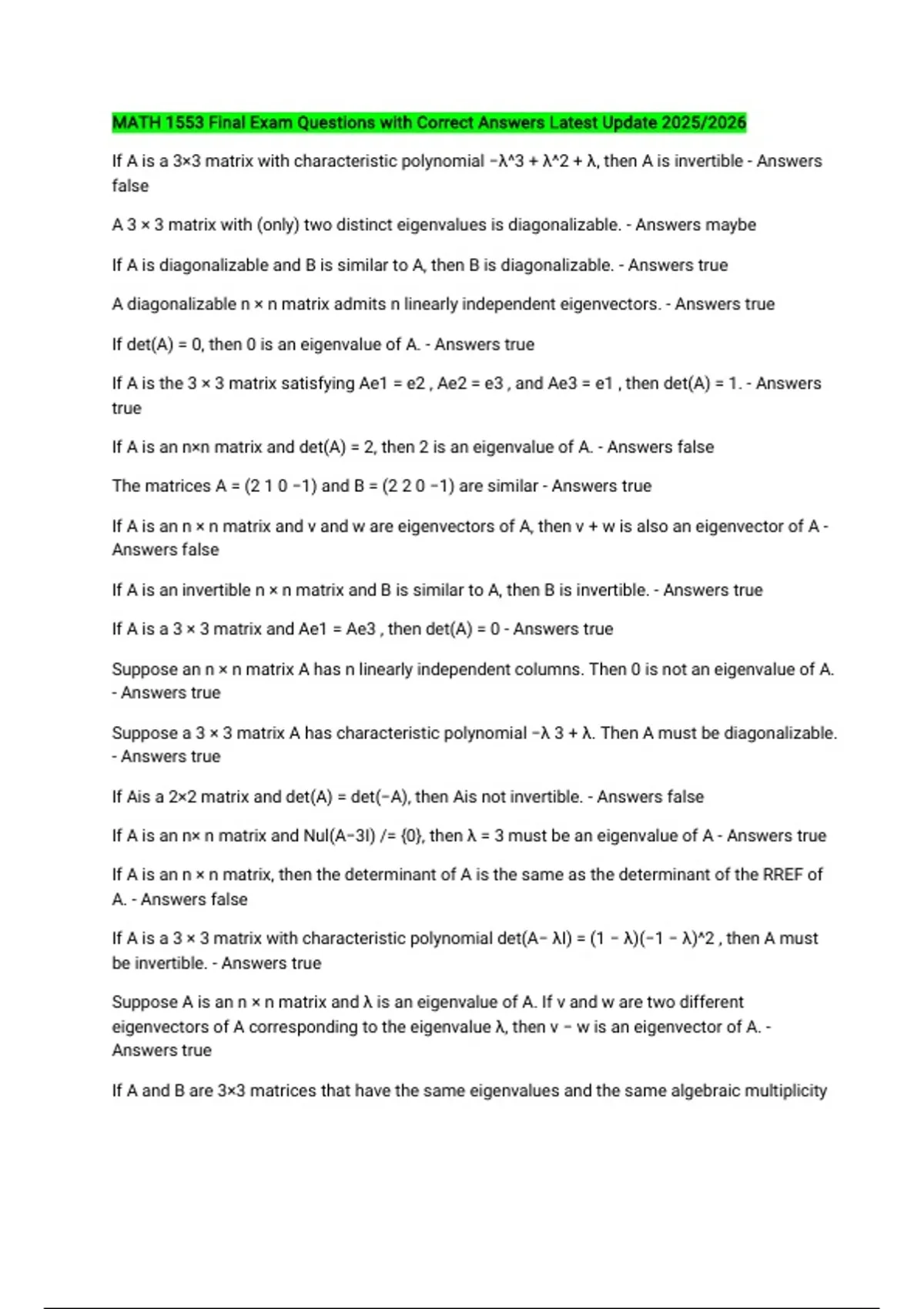 MATH 1553 Final Exam Questions with Correct Answers Latest Update 2025/ ...