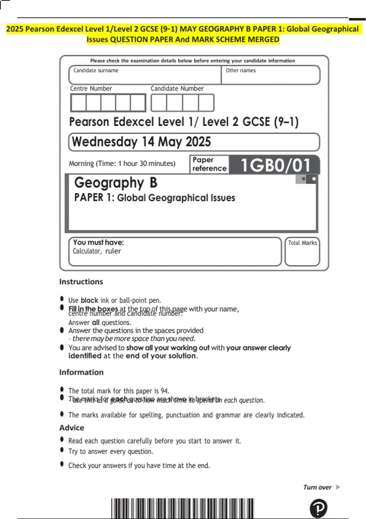 2025 Pearson Edexcel Level 1/Level 2 GCSE (9–1) MAY GEOGRAPHY B PAPER 1 ...